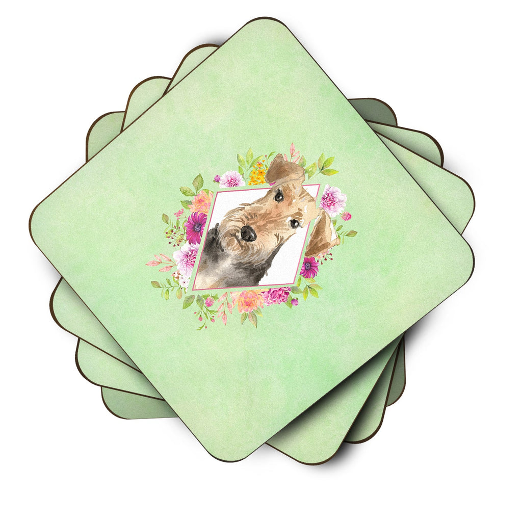 Airedale Terrier Green Flowers Foam Coasters Set of 4 Cup Coasters for Indoor Outdoor, Tabletop Protection, Anti Slip, Mouse pad Material