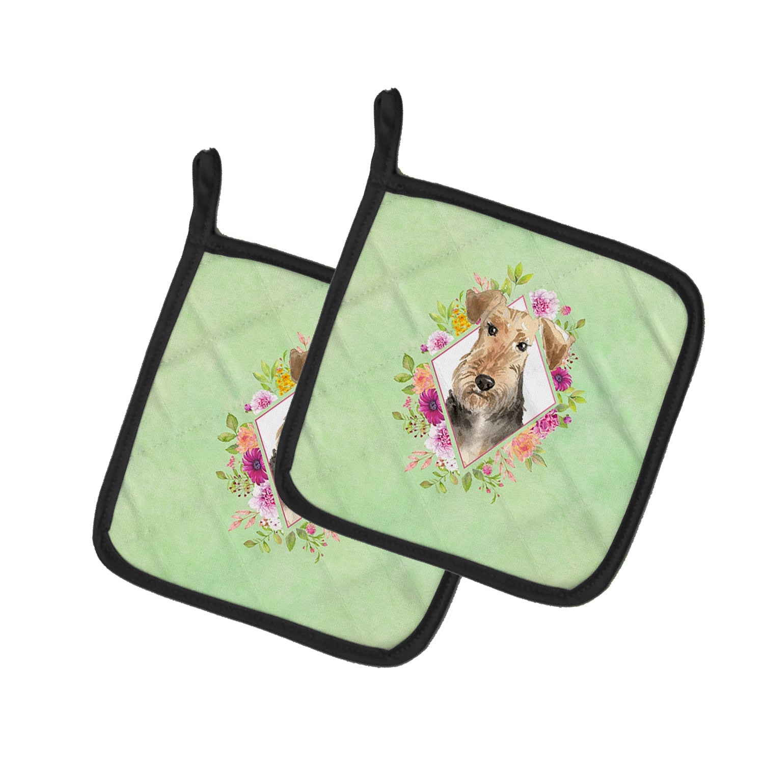 Airedale Terrier Green Flowers Pot Holder Set of 2 Heat Resistant Quilted Hot Pads 7.5 x 7.5 Inch, Insulated Kitchen Trivets for Cooking & Baking