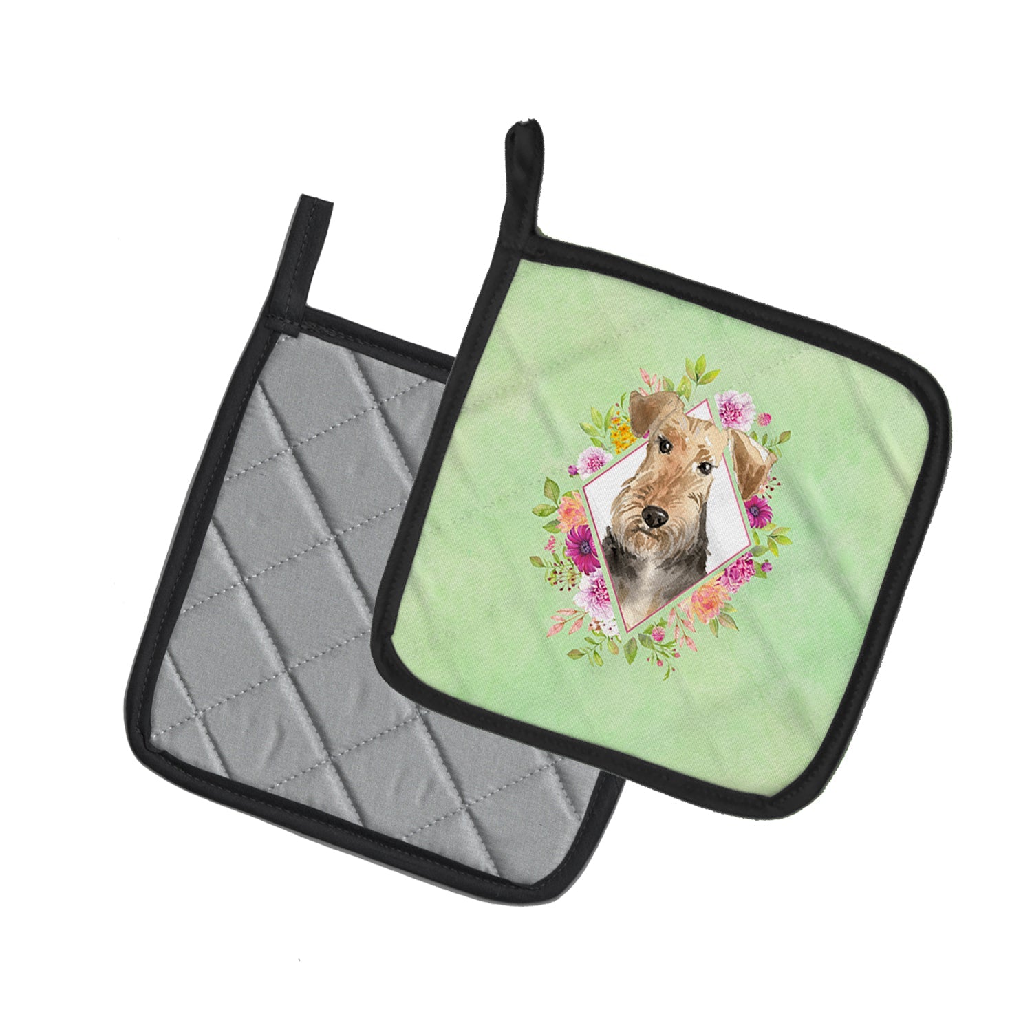 Airedale Terrier Green Flowers Pot Holder Set of 2 Heat Resistant Quilted Hot Pads 7.5 x 7.5 Inch, Insulated Kitchen Trivets for Cooking & Baking