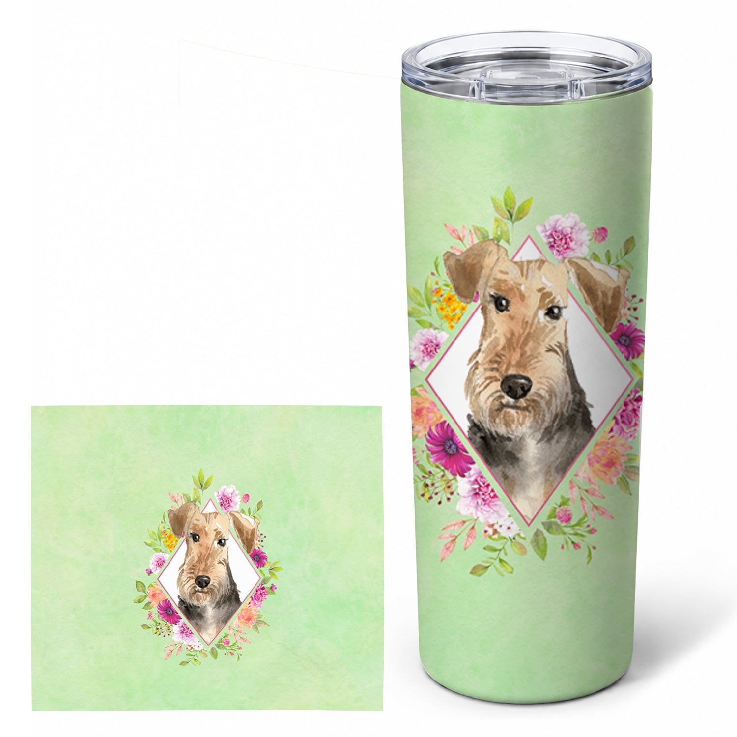 Airedale Terrier Green Flowers Stainless Steel Skinny Tumbler 20 oz Vacuum Double Walled Reusable Insulated Travel Cup