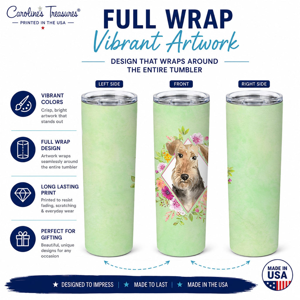 Airedale Terrier Green Flowers Stainless Steel Skinny Tumbler 20 oz Vacuum Double Walled Reusable Insulated Travel Cup