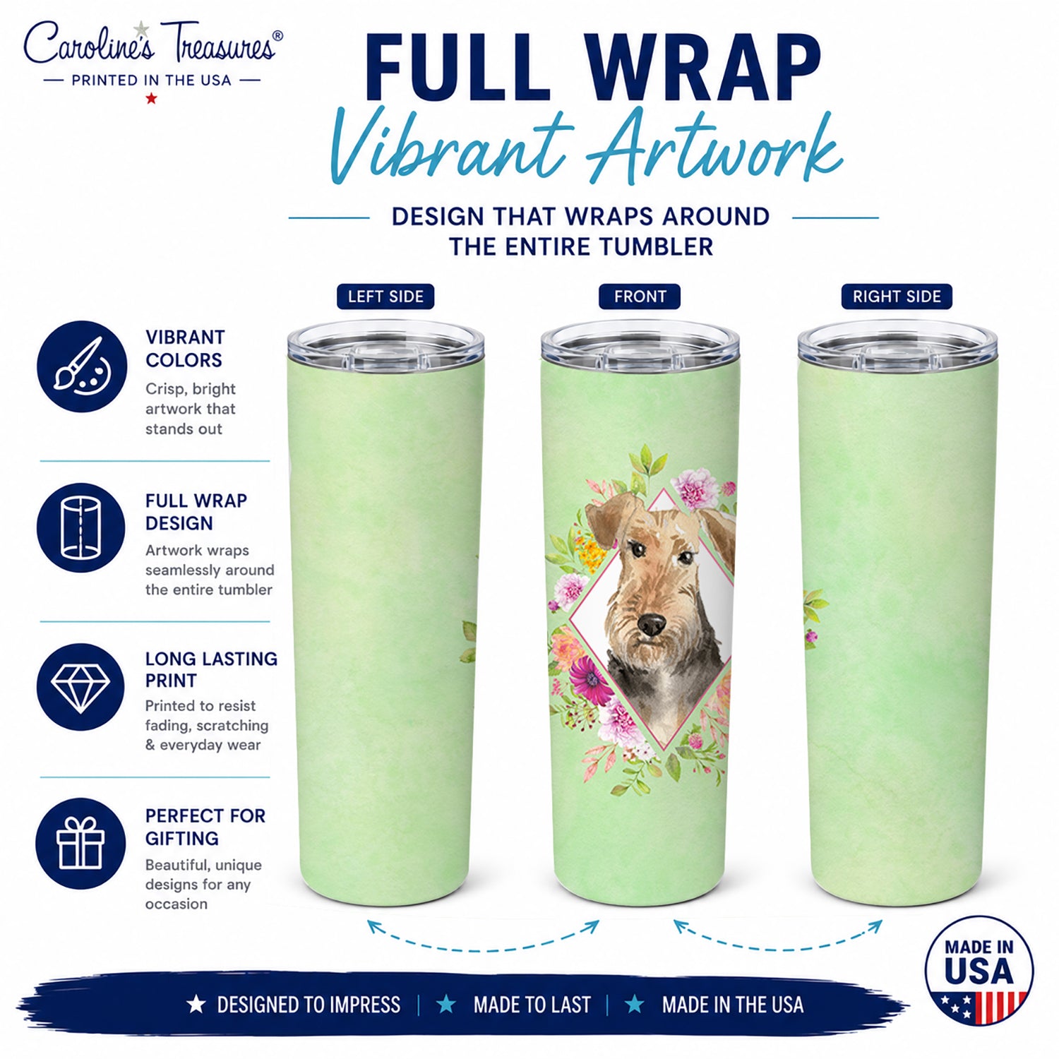 Airedale Terrier Green Flowers Stainless Steel Skinny Tumbler 20 oz Vacuum Double Walled Reusable Insulated Travel Cup