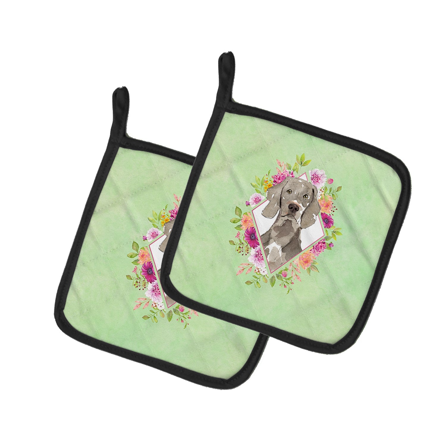 Weimaraner Green Flowers Pot Holder Set of 2 Heat Resistant Quilted Hot Pads 7.5 x 7.5 Inch, Insulated Kitchen Trivets for Cooking & Baking