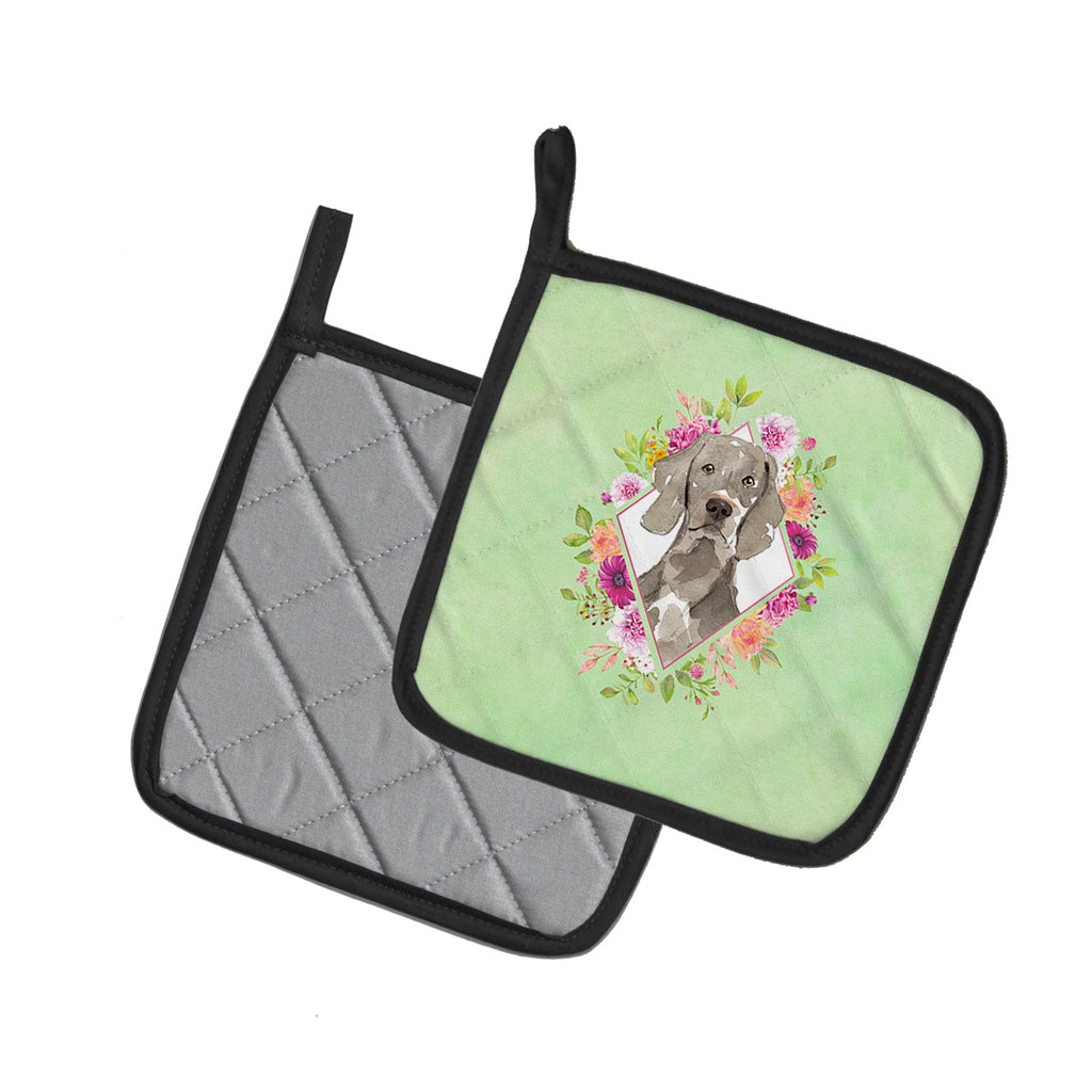 Weimaraner Green Flowers Pot Holder Set of 2 Heat Resistant Quilted Hot Pads 7.5 x 7.5 Inch, Insulated Kitchen Trivets for Cooking & Baking