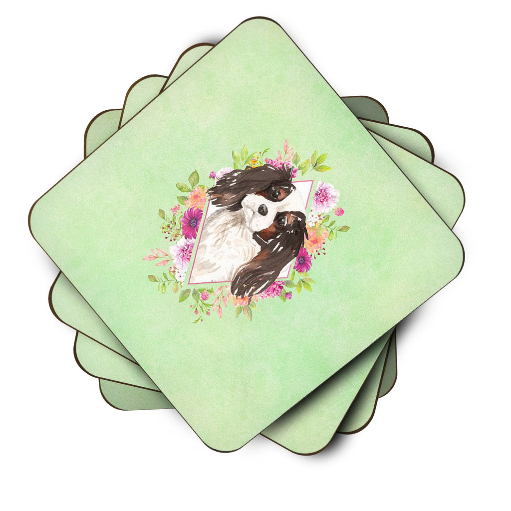 Tricolor Cavalier Spaniel Green Flowers Foam Coasters Set of 4 Cup Coasters for Indoor Outdoor, Tabletop Protection, Anti Slip, Mouse pad Material