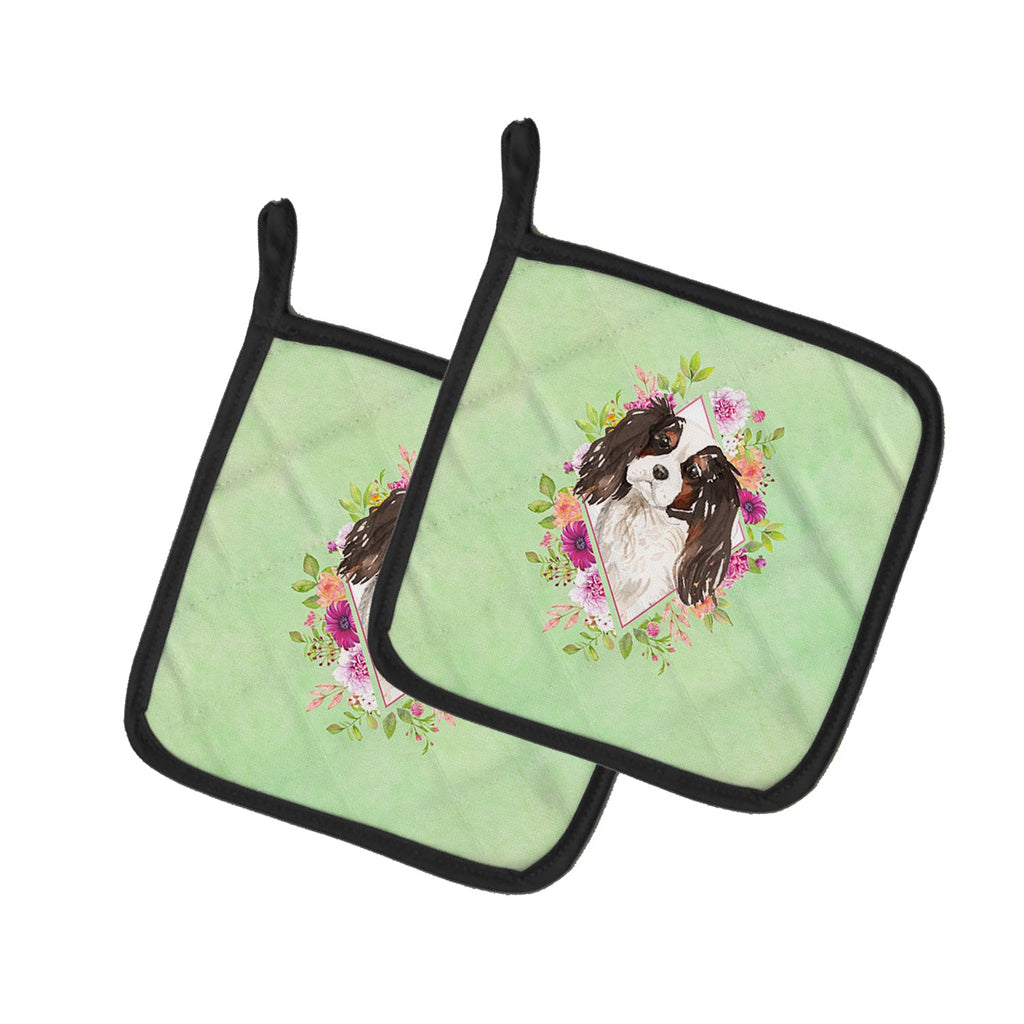 Tricolor Cavalier Spaniel Green Flowers Pot Holder Set of 2 Heat Resistant Quilted Hot Pads 7.5 x 7.5 Inch, Insulated Kitchen Trivets for Cooking & Baking