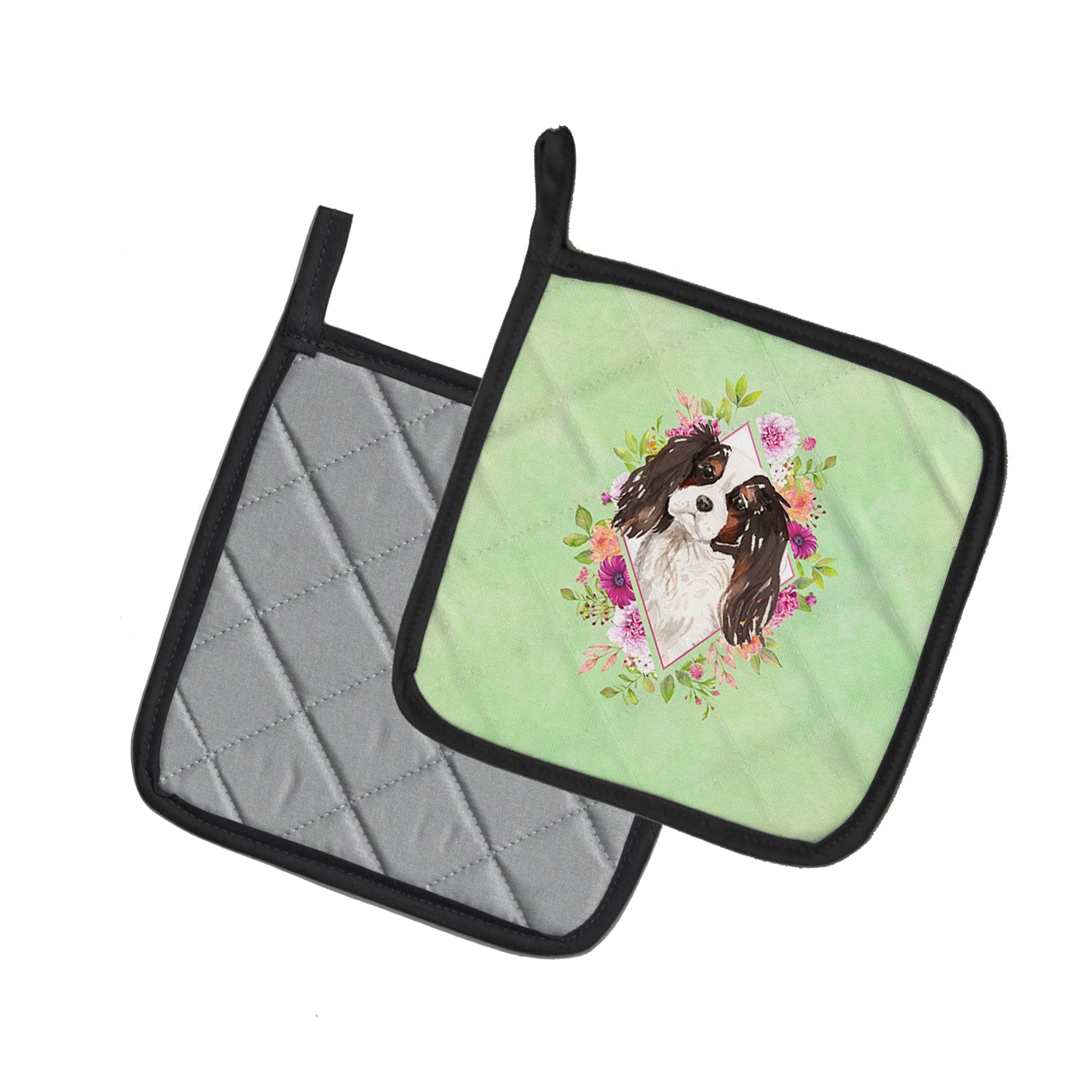 Tricolor Cavalier Spaniel Green Flowers Pot Holder Set of 2 Heat Resistant Quilted Hot Pads 7.5 x 7.5 Inch, Insulated Kitchen Trivets for Cooking & Baking