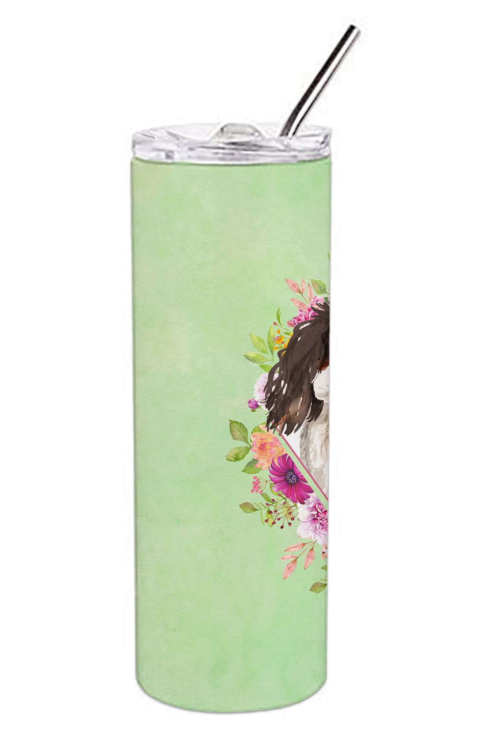 Tricolor Cavalier Spaniel Green Flowers Stainless Steel Skinny Tumbler 20 oz Vacuum Double Walled Reusable Insulated Travel Cup