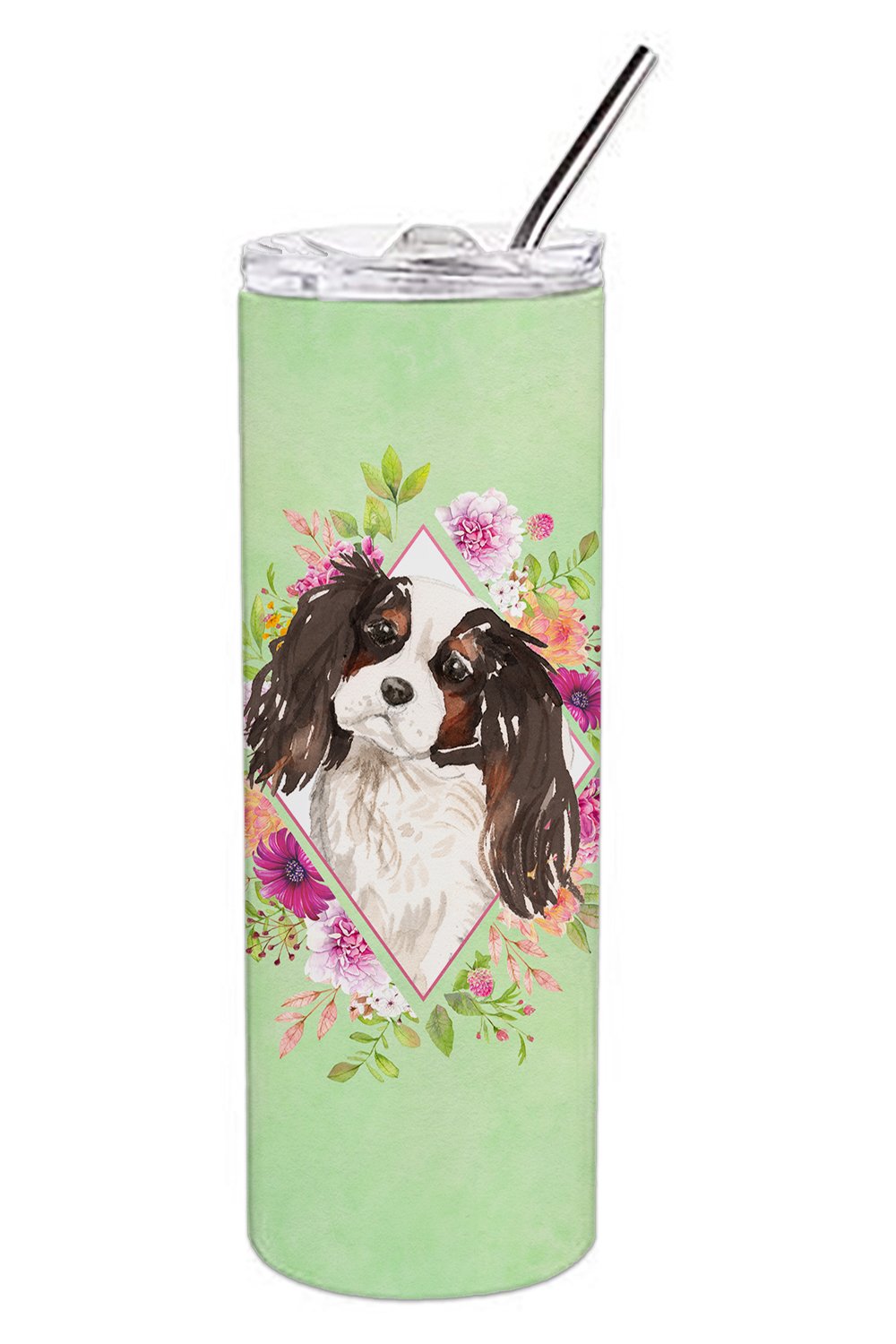 Tricolor Cavalier Spaniel Green Flowers Stainless Steel Skinny Tumbler 20 oz Vacuum Double Walled Reusable Insulated Travel Cup