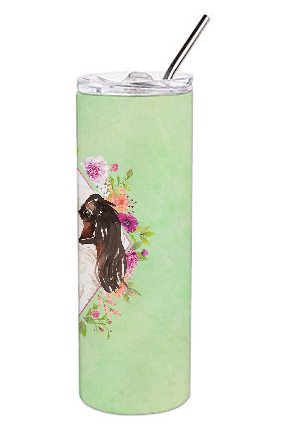 Tricolor Cavalier Spaniel Green Flowers Stainless Steel Skinny Tumbler 20 oz Vacuum Double Walled Reusable Insulated Travel Cup