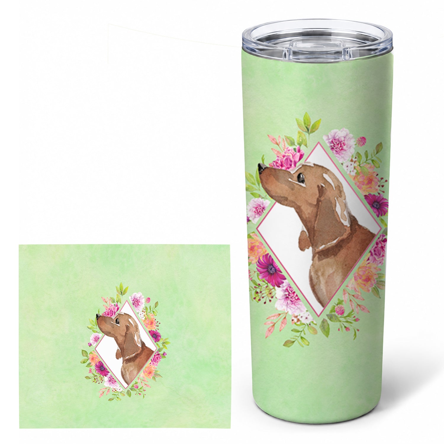Dachshund Green Flowers Stainless Steel Skinny Tumbler 20 oz Vacuum Double Walled Reusable Insulated Travel Cup