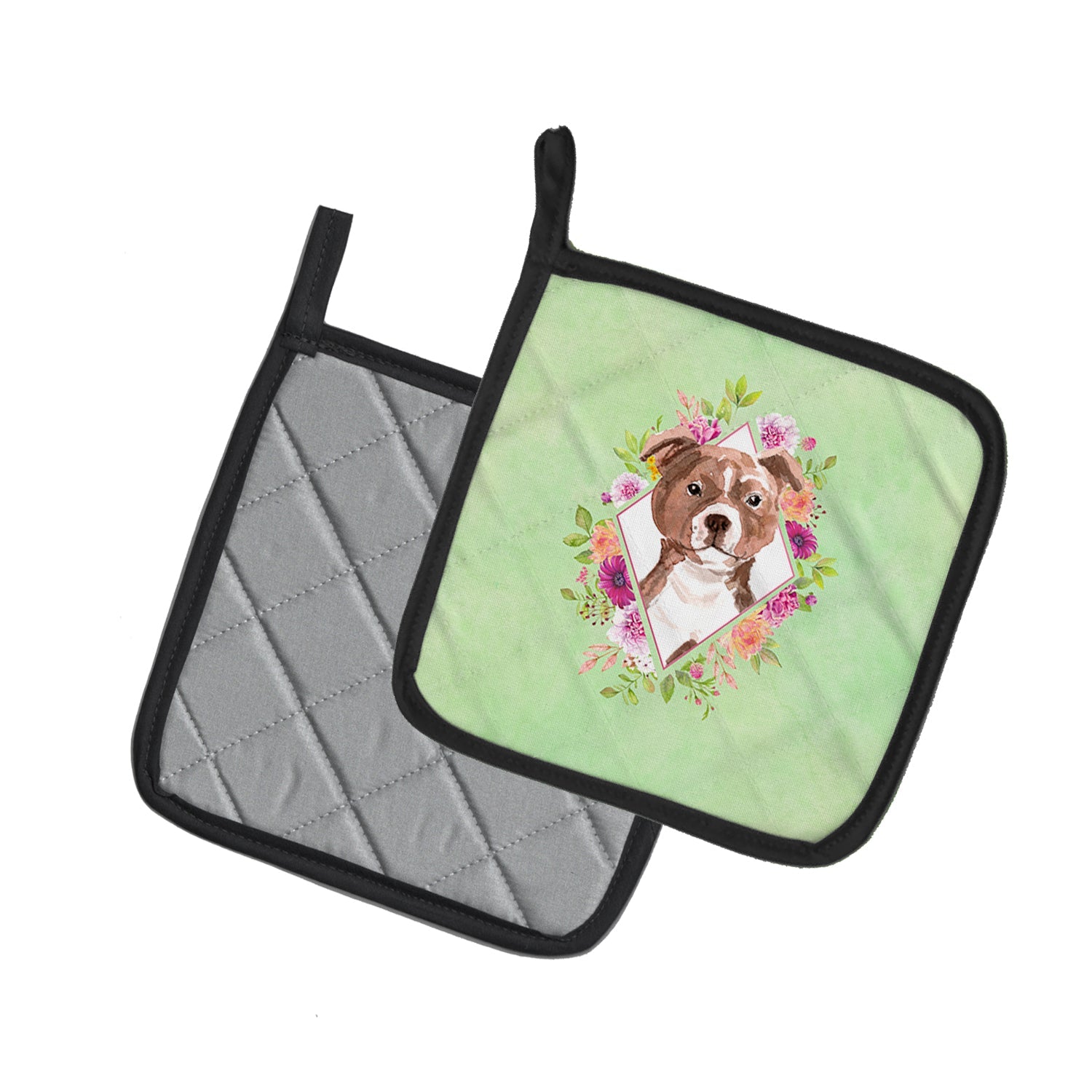 Staffie Bull Terrier Green Flowers Pot Holder Set of 2 Heat Resistant Quilted Hot Pads 7.5 x 7.5 Inch, Insulated Kitchen Trivets for Cooking & Baking