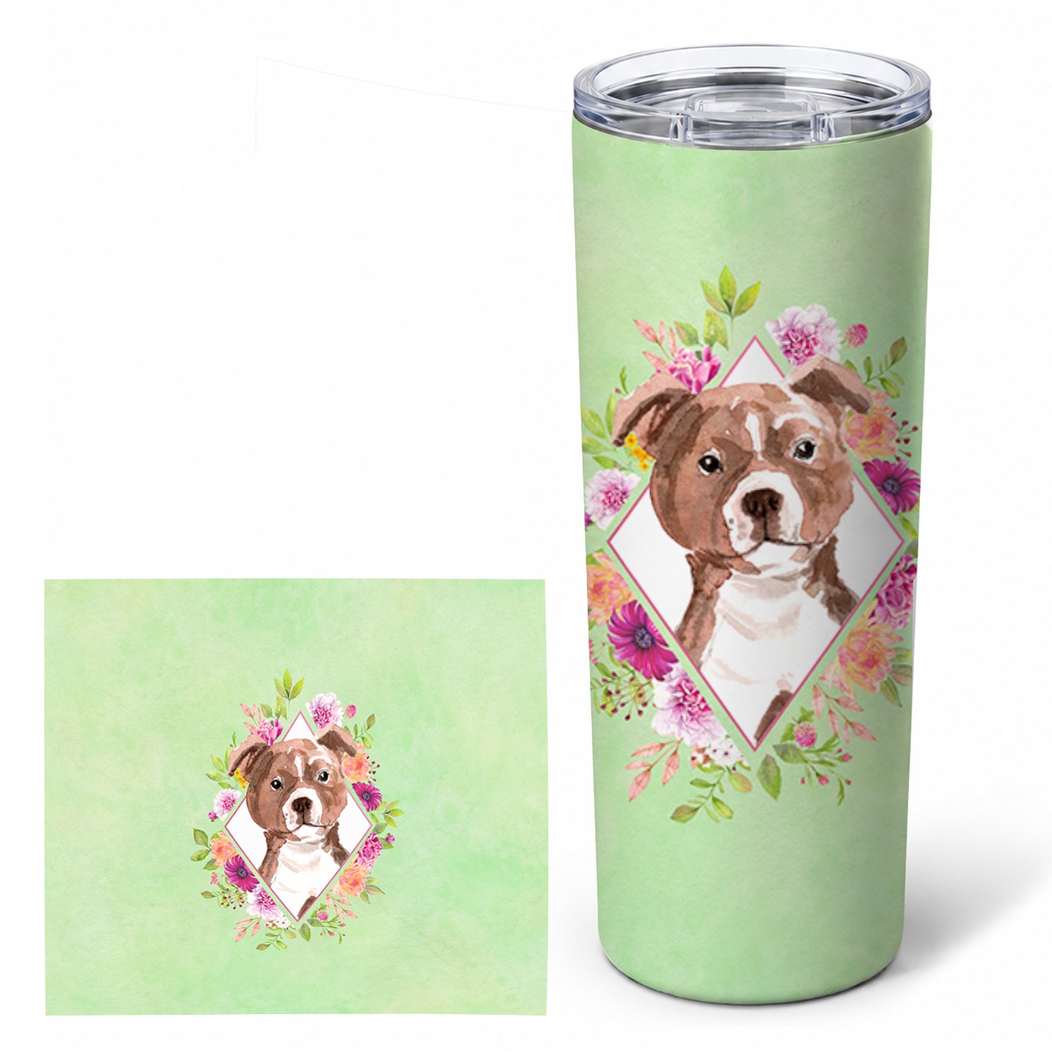 Staffie Bull Terrier Green Flowers Stainless Steel Skinny Tumbler 20 oz Vacuum Double Walled Reusable Insulated Travel Cup