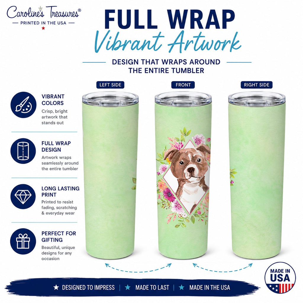 Staffie Bull Terrier Green Flowers Stainless Steel Skinny Tumbler 20 oz Vacuum Double Walled Reusable Insulated Travel Cup