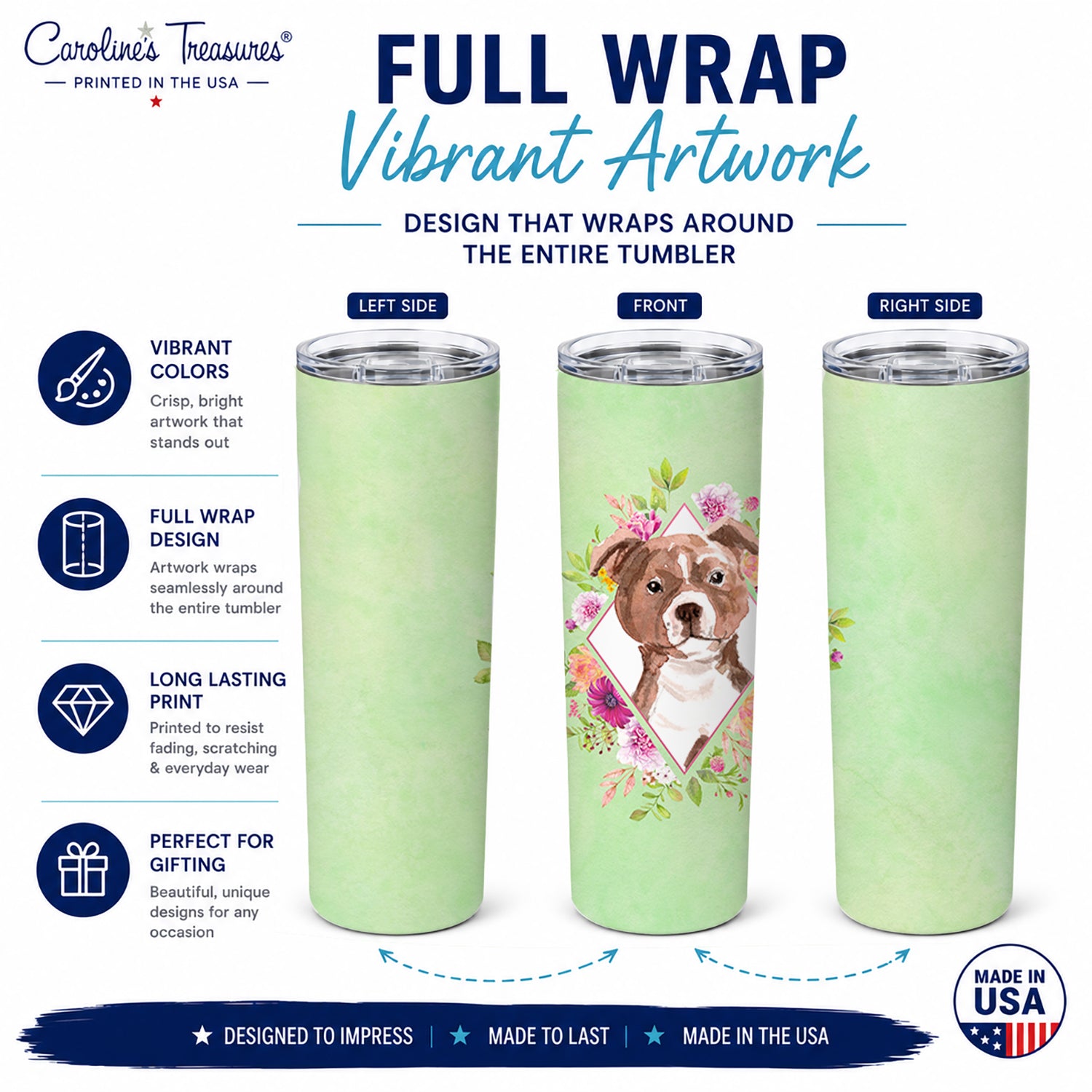 Staffie Bull Terrier Green Flowers Stainless Steel Skinny Tumbler 20 oz Vacuum Double Walled Reusable Insulated Travel Cup