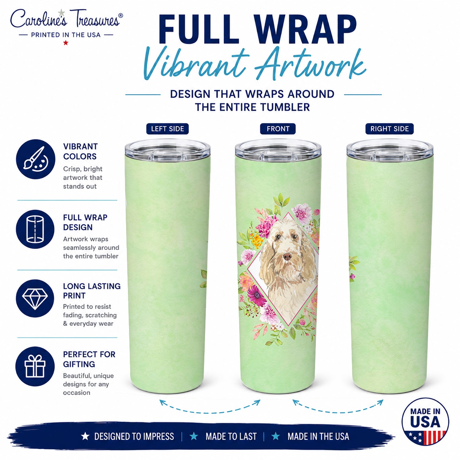 Spinone Italiano Green Flowers Stainless Steel Skinny Tumbler 20 oz Vacuum Double Walled Reusable Insulated Travel Cup