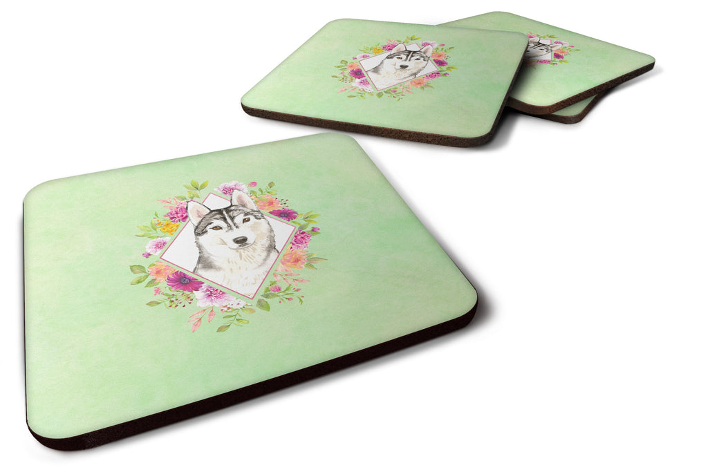 Siberian Husky Green Flowers Foam Coasters Set of 4 Cup Coasters for Indoor Outdoor, Tabletop Protection, Anti Slip, Mouse pad Material