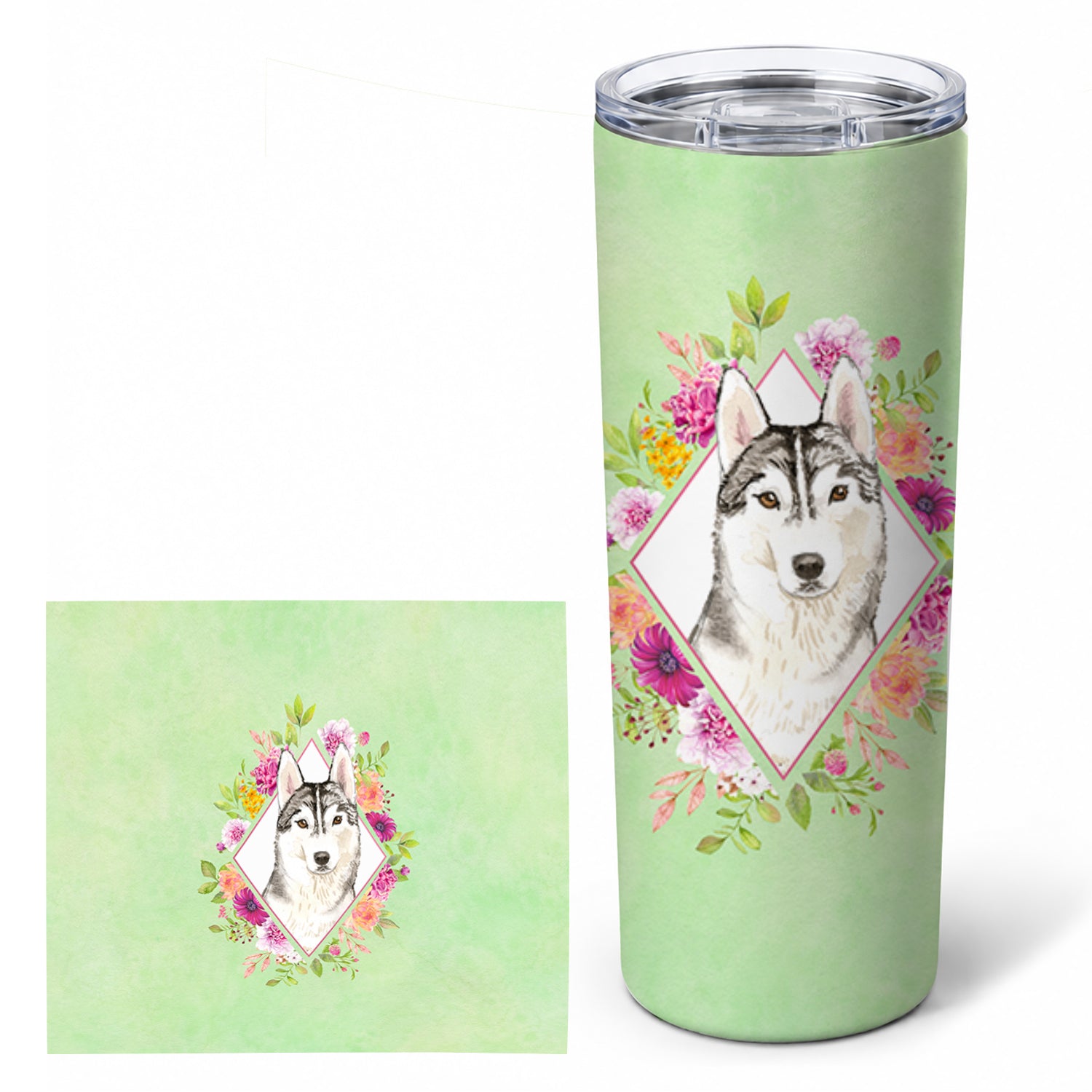 Siberian Husky Green Flowers Stainless Steel Skinny Tumbler 20 oz Vacuum Double Walled Reusable Insulated Travel Cup