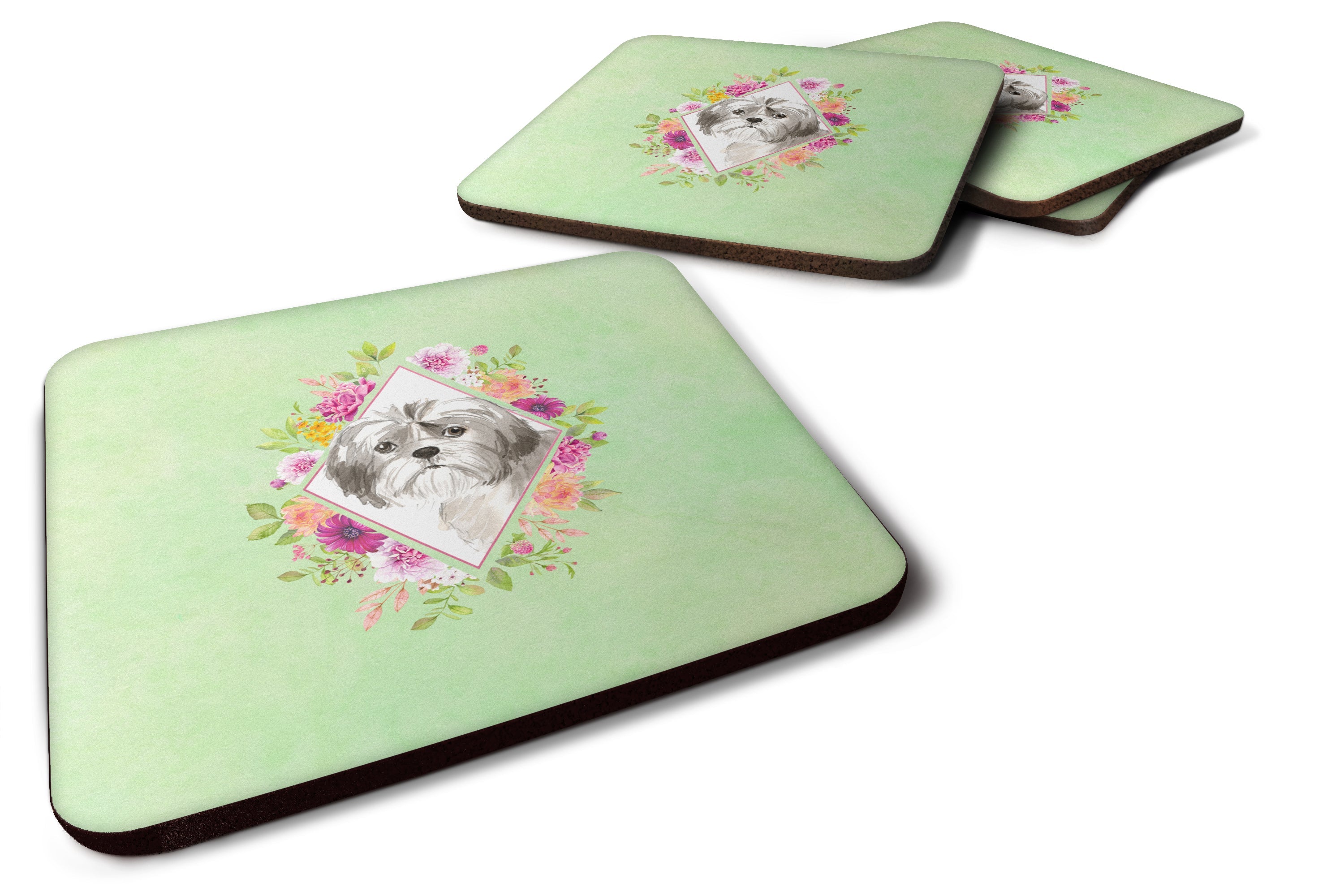 Shih Tzu Puppy Green Flowers Foam Coasters Set of 4 Cup Coasters for Indoor Outdoor, Tabletop Protection, Anti Slip, Mouse pad Material