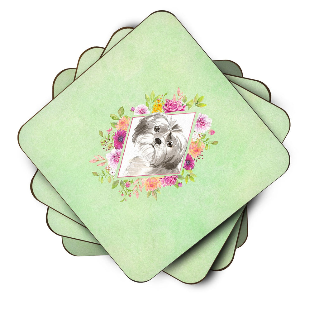 Shih Tzu Puppy Green Flowers Foam Coasters Set of 4 Cup Coasters for Indoor Outdoor, Tabletop Protection, Anti Slip, Mouse pad Material