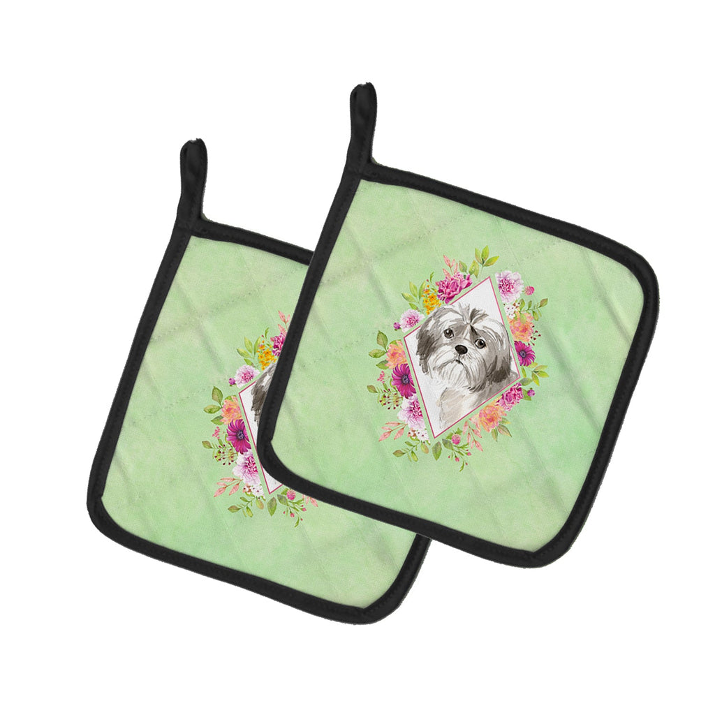 Shih Tzu Puppy Green Flowers Pot Holder Set of 2 Heat Resistant Quilted Hot Pads 7.5 x 7.5 Inch, Insulated Kitchen Trivets for Cooking & Baking