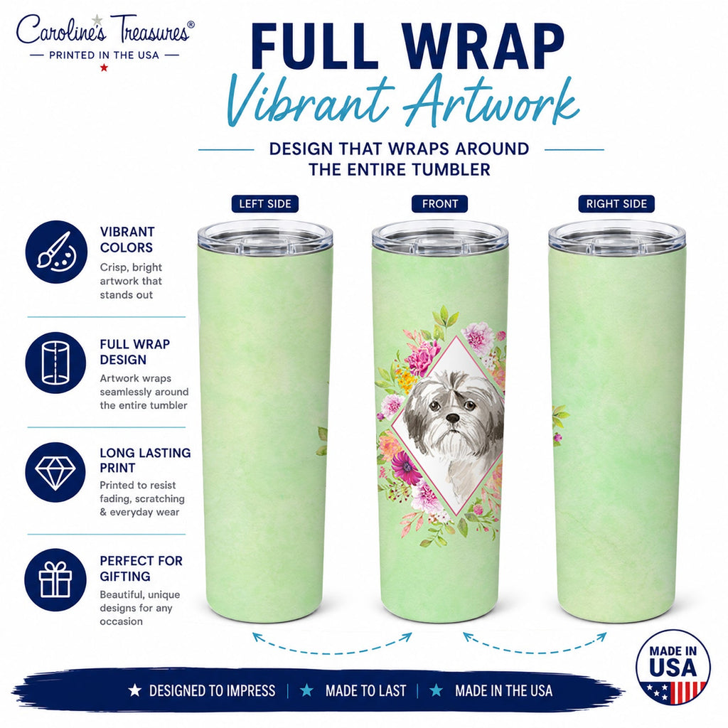 Shih Tzu Puppy Green Flowers Stainless Steel Skinny Tumbler 20 oz Vacuum Double Walled Reusable Insulated Travel Cup