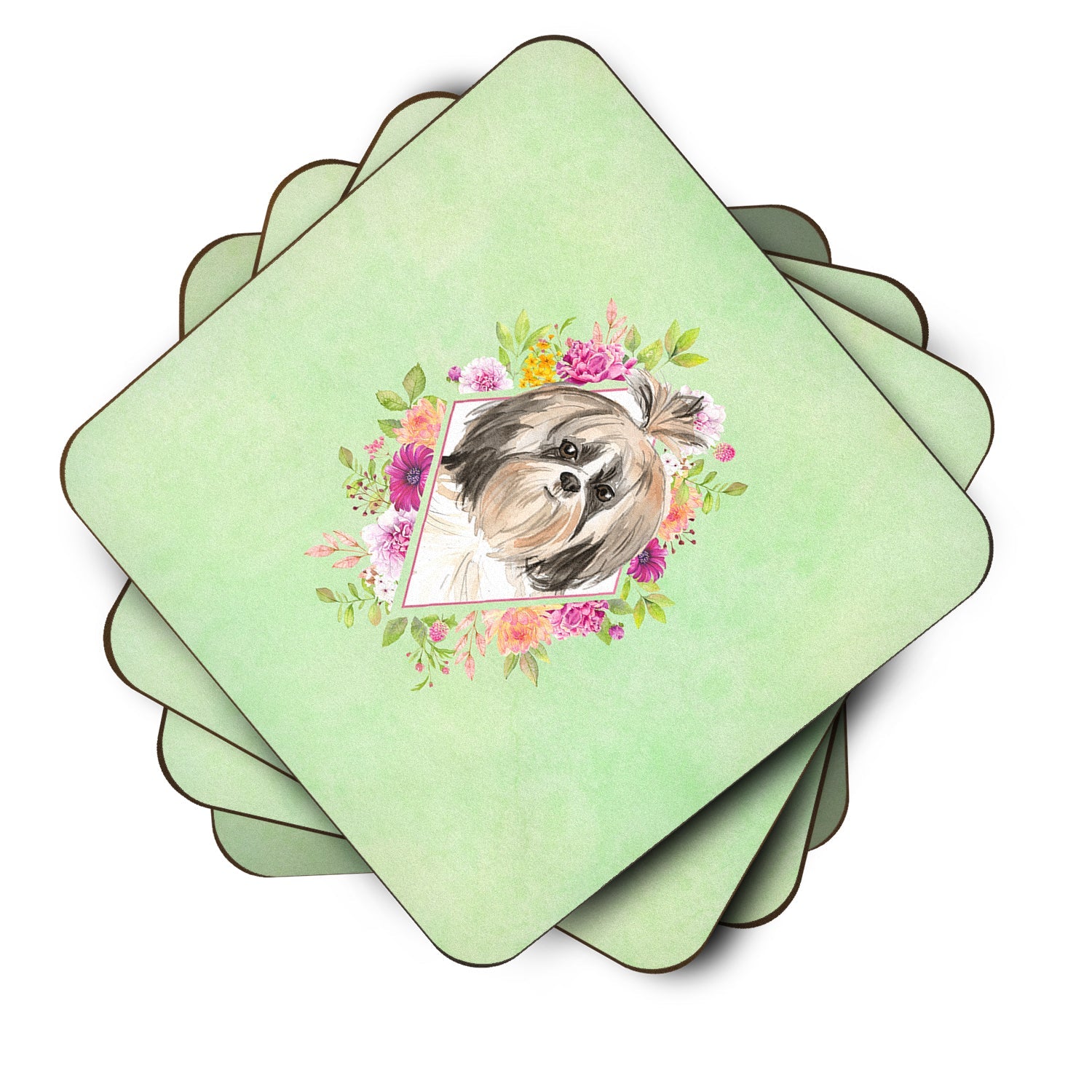 Shih Tzu Green Flowers Foam Coasters Set of 4 Cup Coasters for Indoor Outdoor, Tabletop Protection, Anti Slip, Mouse pad Material