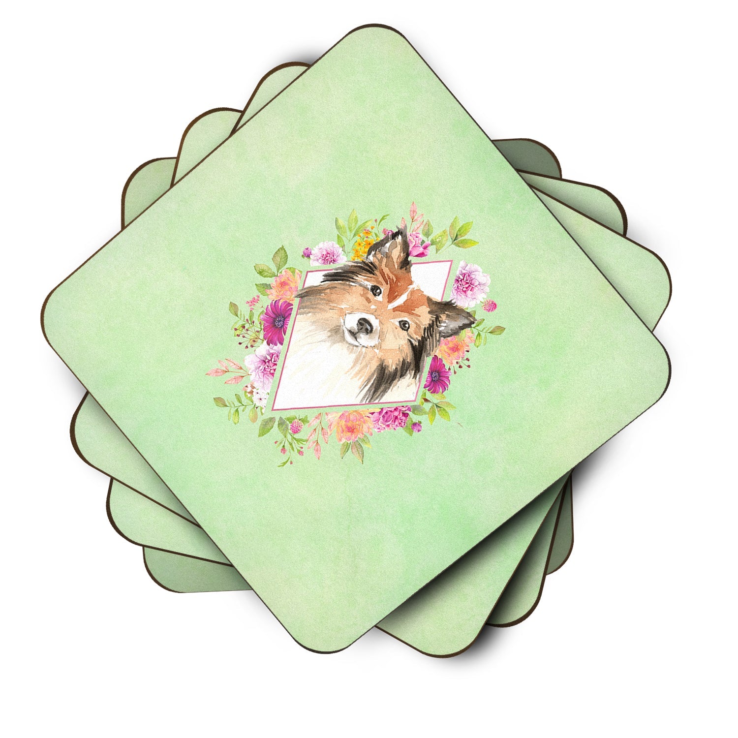 Sheltie Green Flowers Foam Coasters Set of 4 Cup Coasters for Indoor Outdoor, Tabletop Protection, Anti Slip, Mouse pad Material