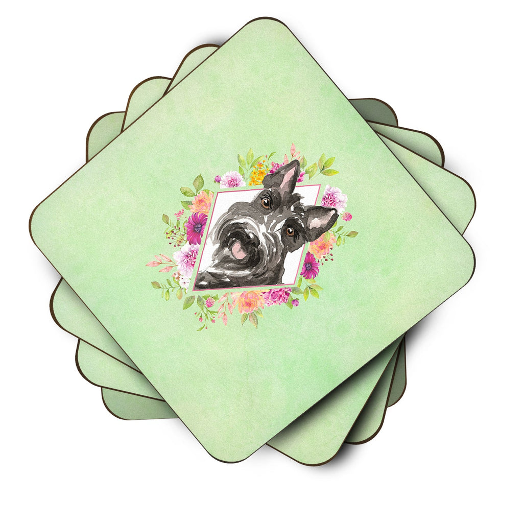 Scottish Terrier Green Flowers Foam Coasters Set of 4 Cup Coasters for Indoor Outdoor, Tabletop Protection, Anti Slip, Mouse pad Material