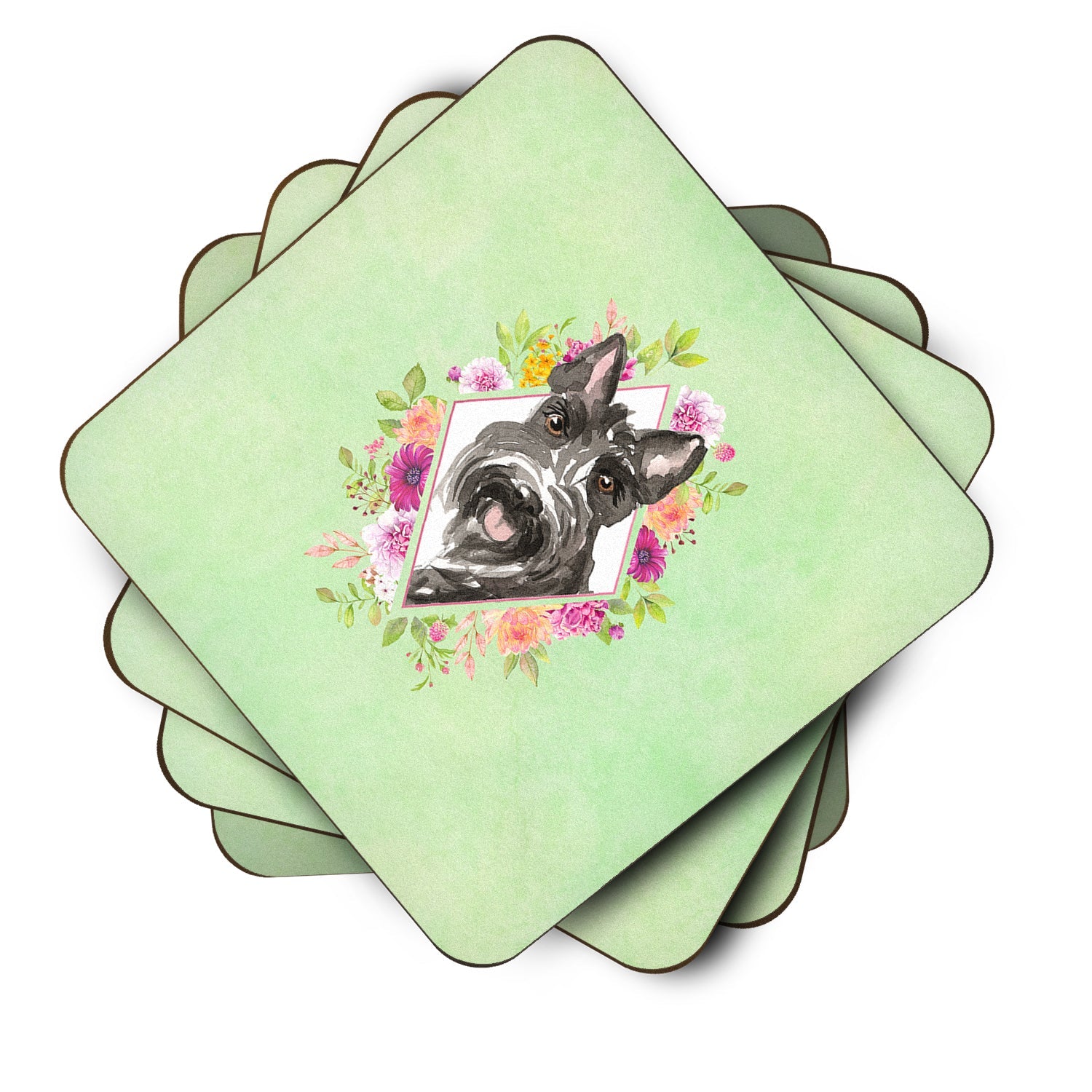 Scottish Terrier Green Flowers Foam Coasters Set of 4 Cup Coasters for Indoor Outdoor, Tabletop Protection, Anti Slip, Mouse pad Material