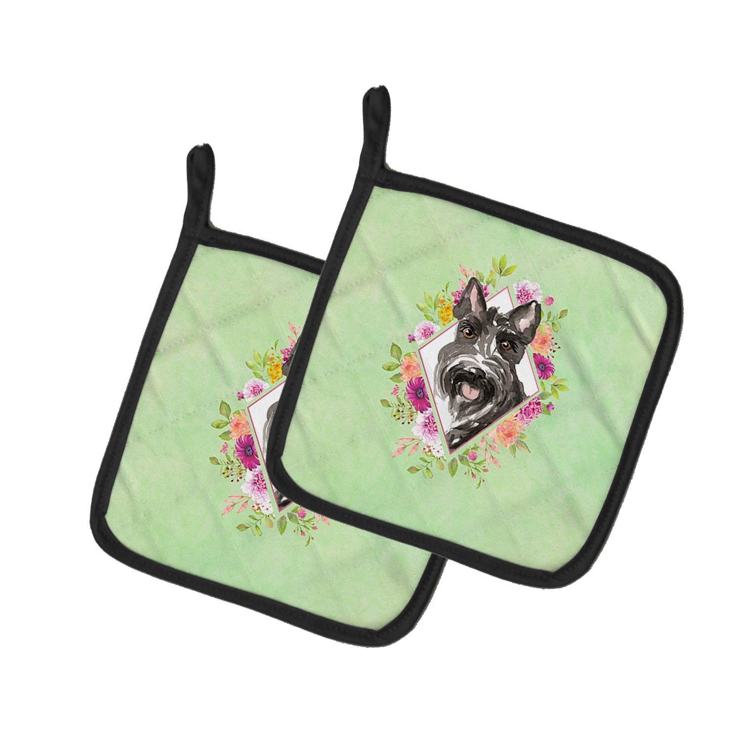 Scottish Terrier Green Flowers Pot Holder Set of 2 Heat Resistant Quilted Hot Pads 7.5 x 7.5 Inch, Insulated Kitchen Trivets for Cooking & Baking