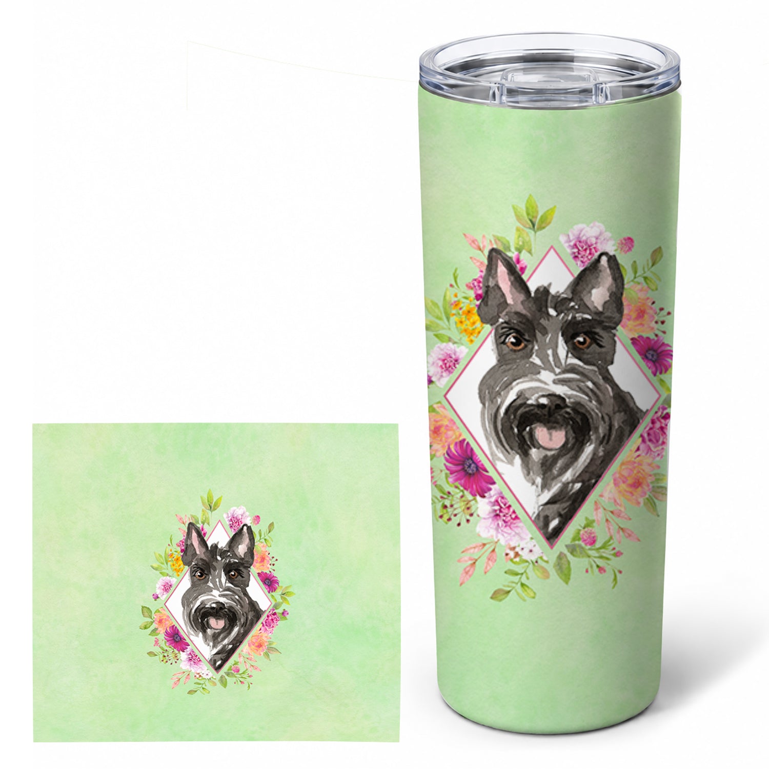 Scottish Terrier Green Flowers Stainless Steel Skinny Tumbler 20 oz Vacuum Double Walled Reusable Insulated Travel Cup