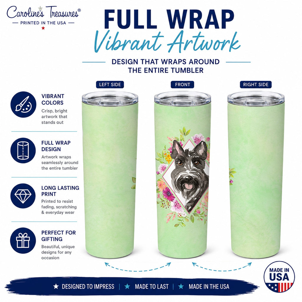 Scottish Terrier Green Flowers Stainless Steel Skinny Tumbler 20 oz Vacuum Double Walled Reusable Insulated Travel Cup