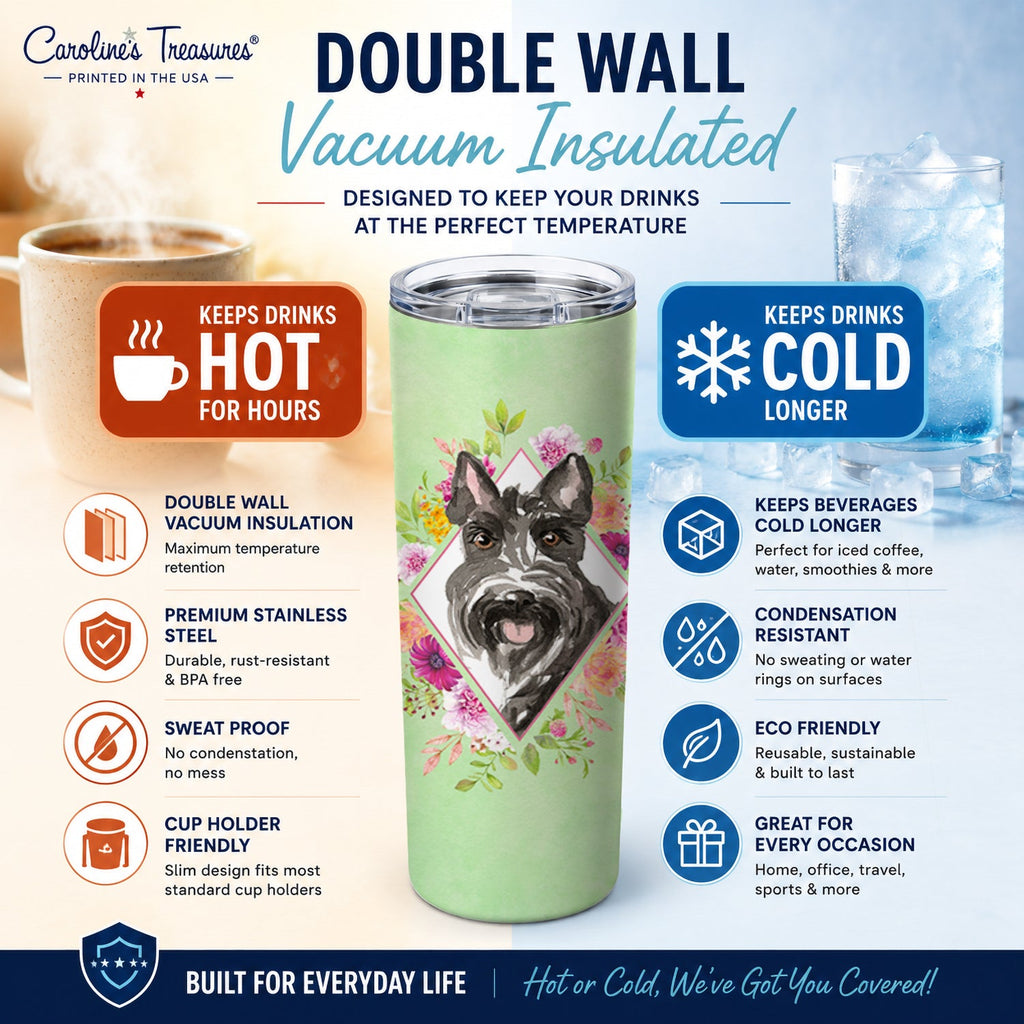Scottish Terrier Green Flowers Stainless Steel Skinny Tumbler 20 oz Vacuum Double Walled Reusable Insulated Travel Cup