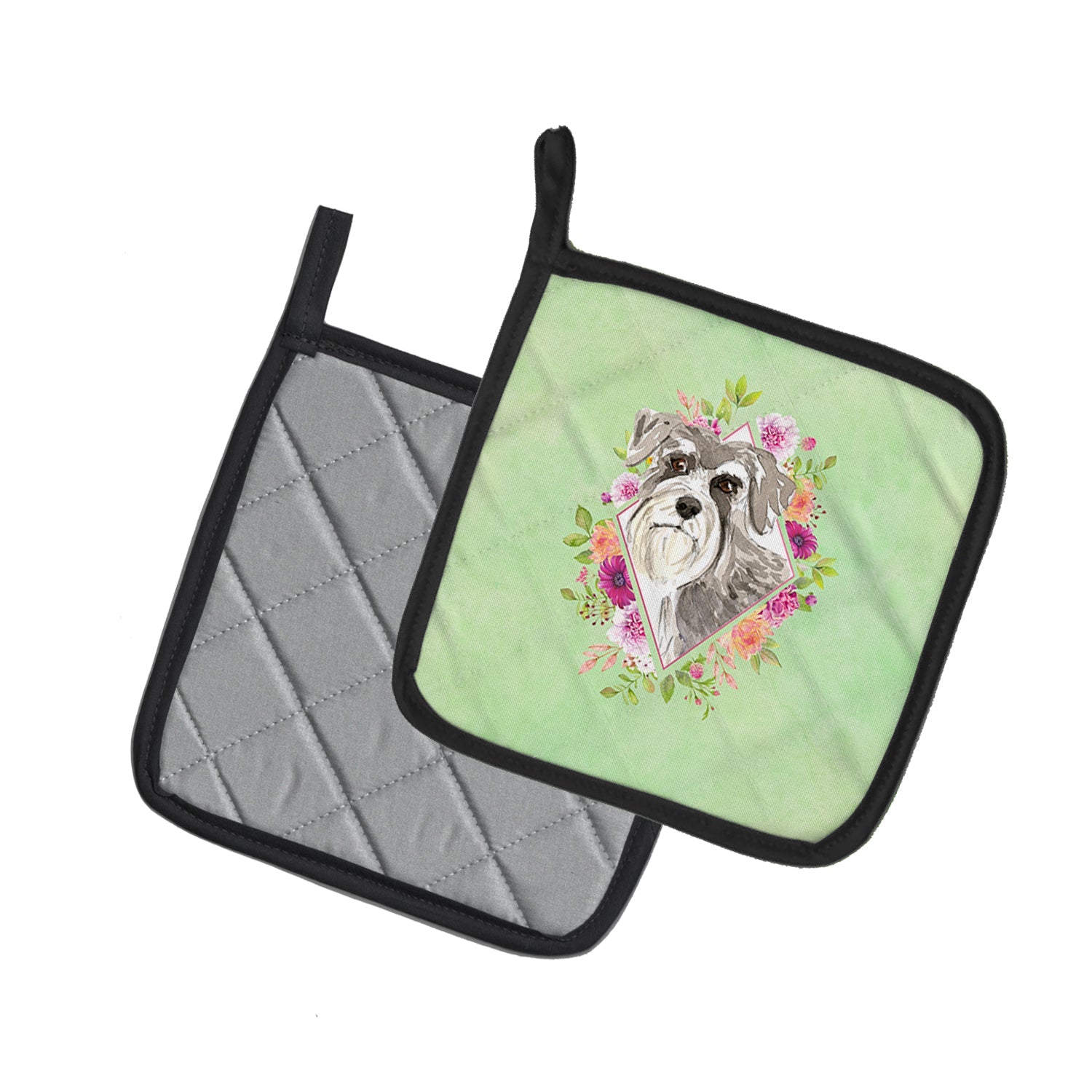 Schnauzer #1 Green Flowers Pot Holder Set of 2 Heat Resistant Quilted Hot Pads 7.5 x 7.5 Inch, Insulated Kitchen Trivets for Cooking & Baking