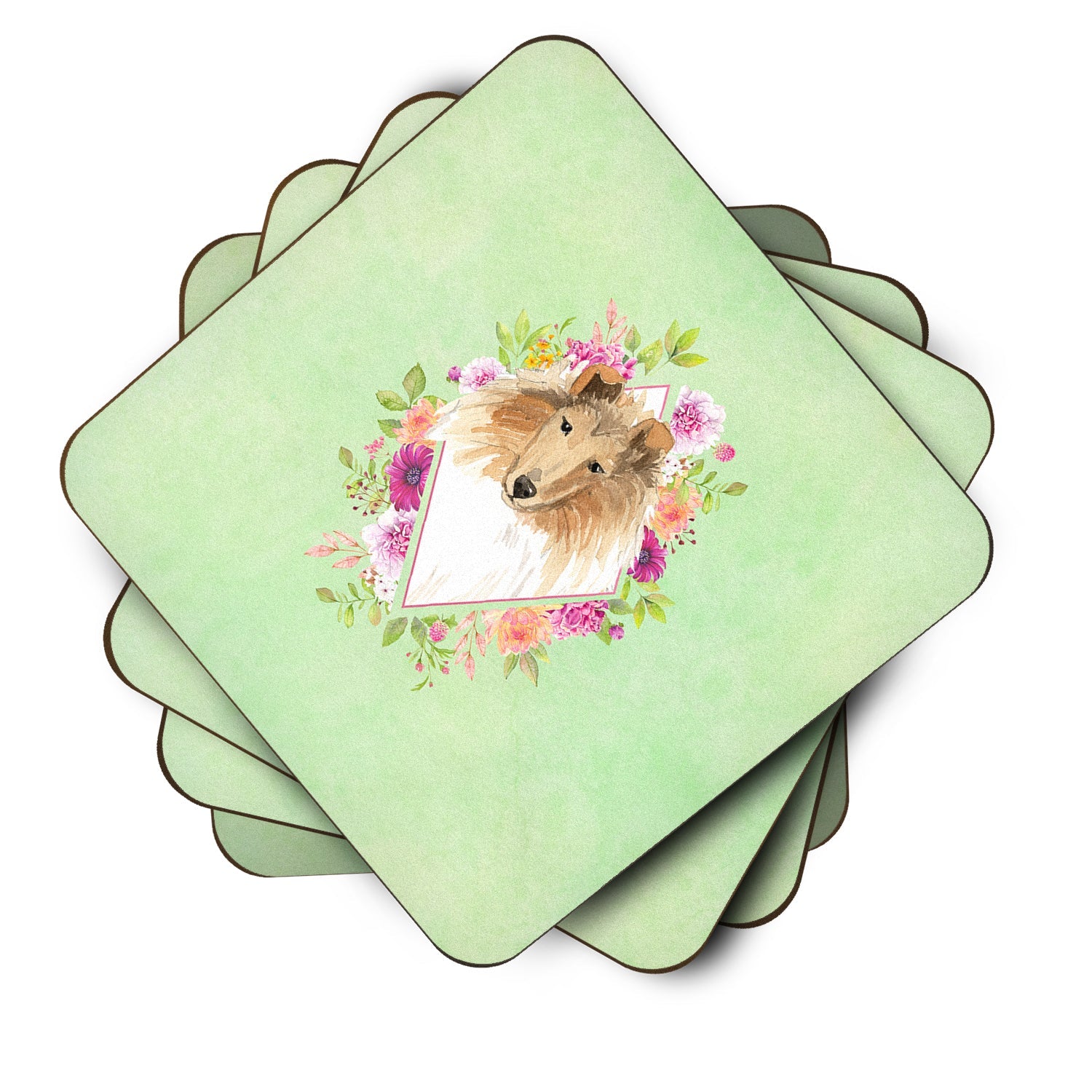 Collie Green Flowers Foam Coasters Set of 4 Cup Coasters for Indoor Outdoor, Tabletop Protection, Anti Slip, Mouse pad Material