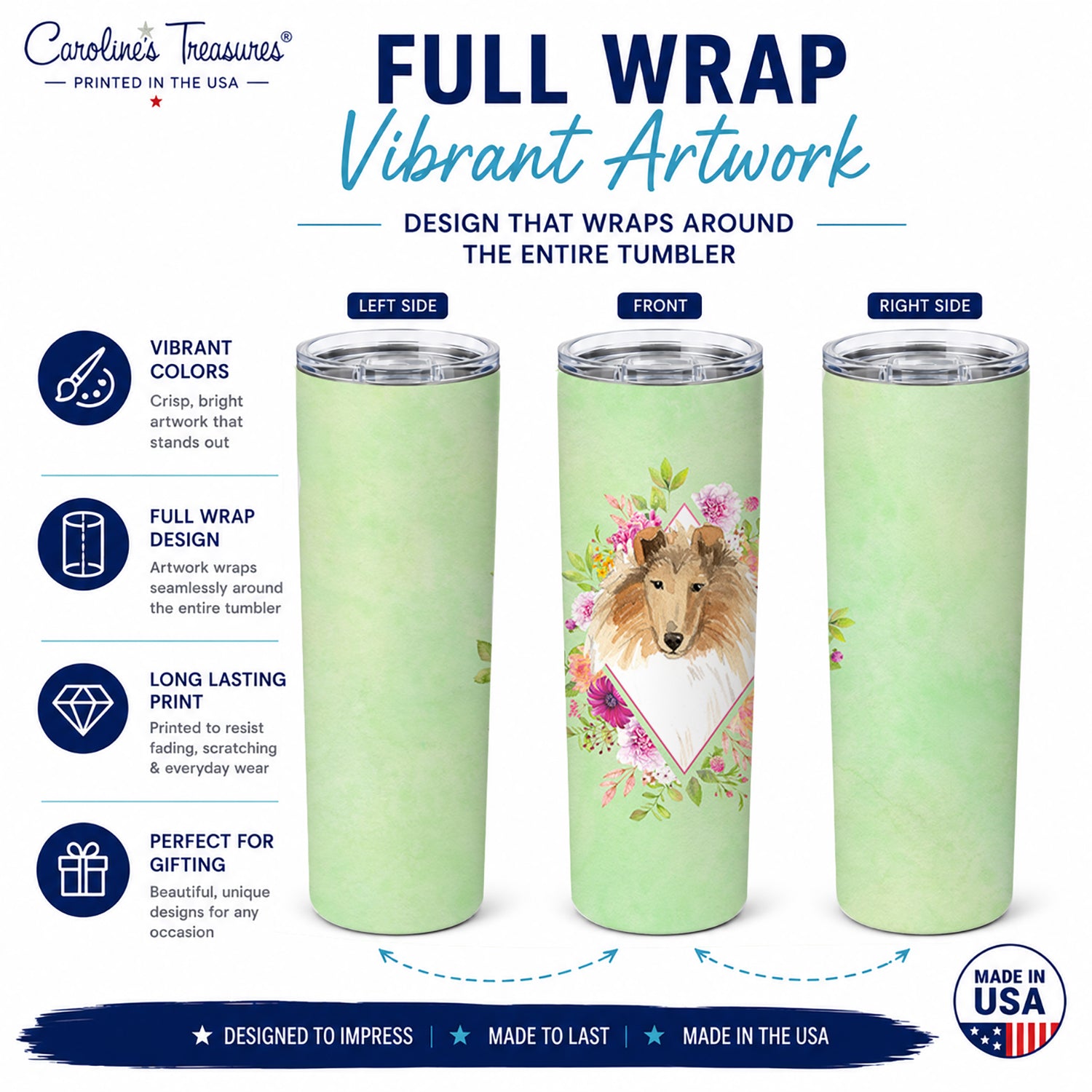 Collie Green Flowers Stainless Steel Skinny Tumbler 20 oz Vacuum Double Walled Reusable Insulated Travel Cup