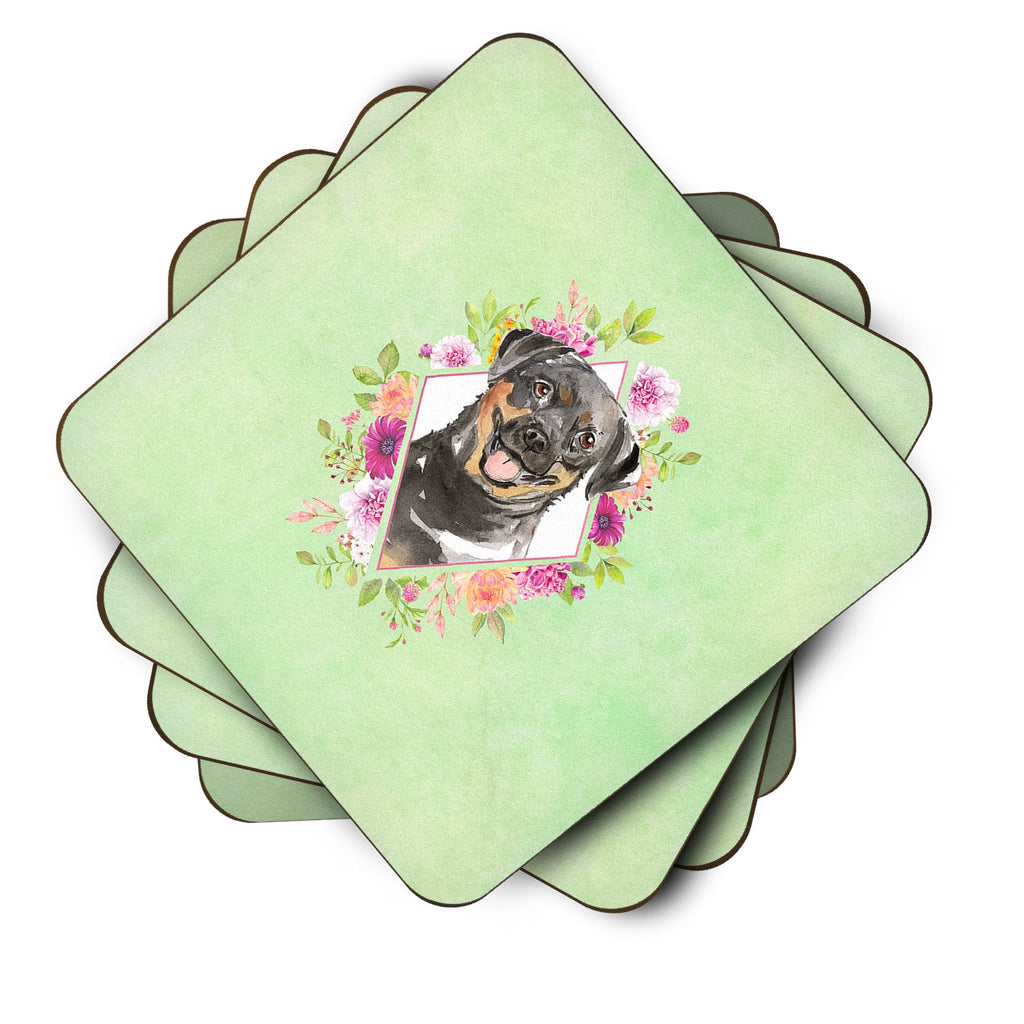 Rottweiler Green Flowers Foam Coasters Set of 4 Cup Coasters for Indoor Outdoor, Tabletop Protection, Anti Slip, Mouse pad Material