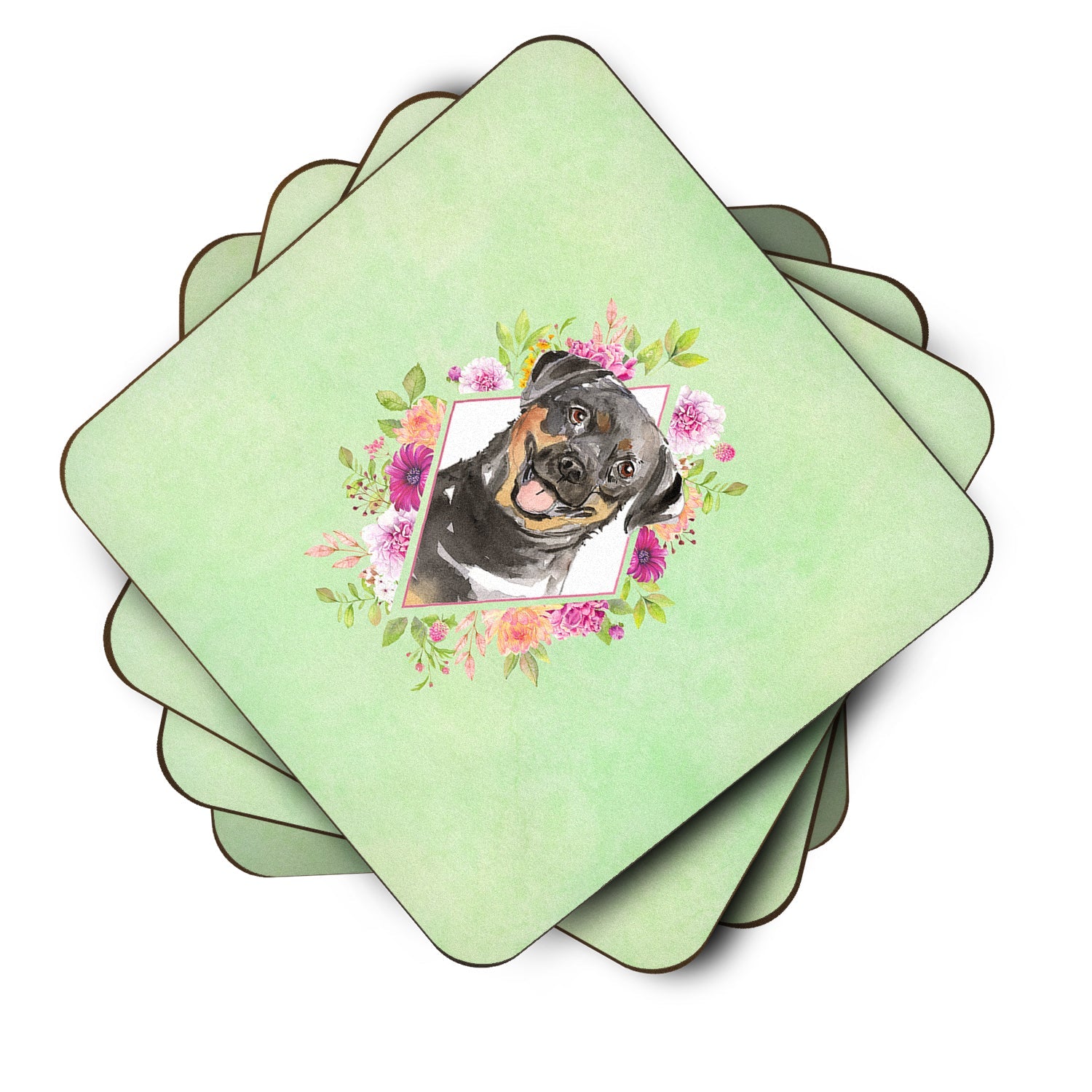 Rottweiler Green Flowers Foam Coasters Set of 4 Cup Coasters for Indoor Outdoor, Tabletop Protection, Anti Slip, Mouse pad Material