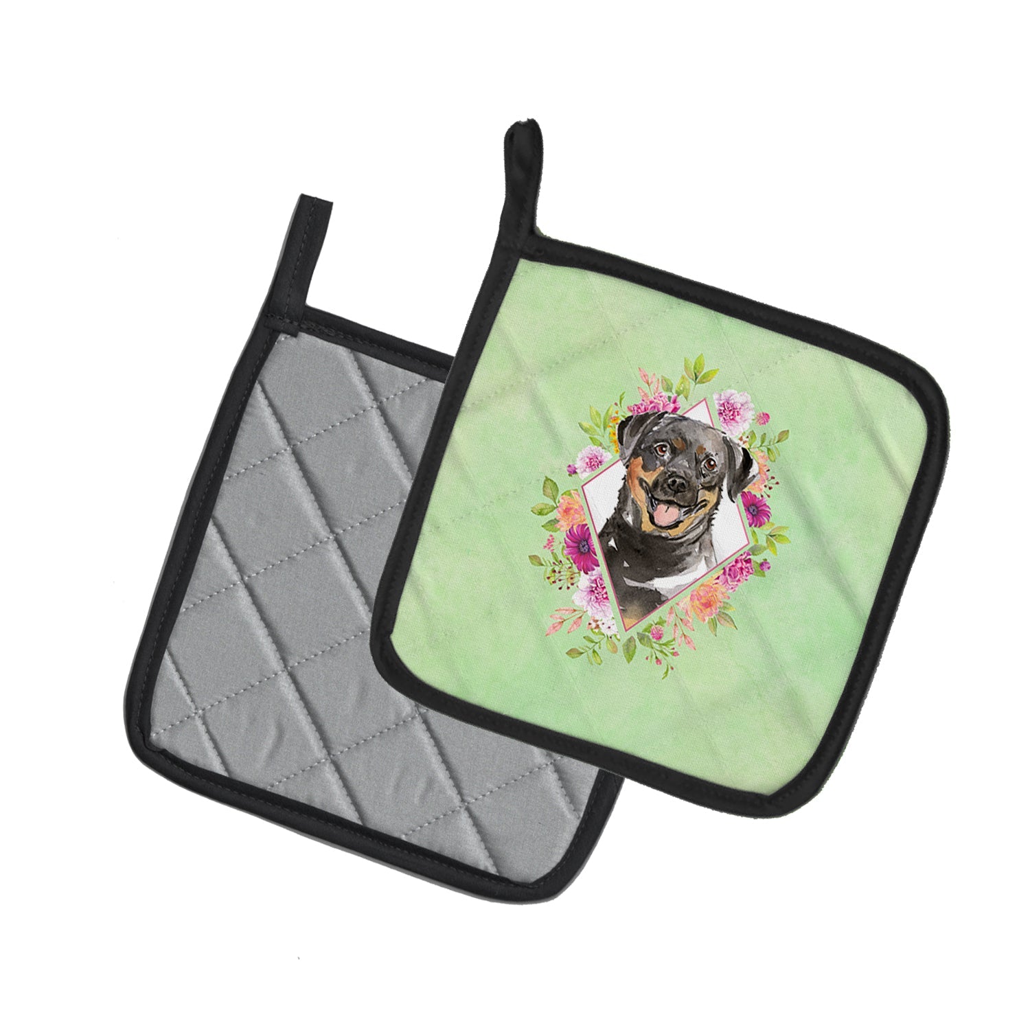 Rottweiler Green Flowers Pot Holder Set of 2 Heat Resistant Quilted Hot Pads 7.5 x 7.5 Inch, Insulated Kitchen Trivets for Cooking & Baking