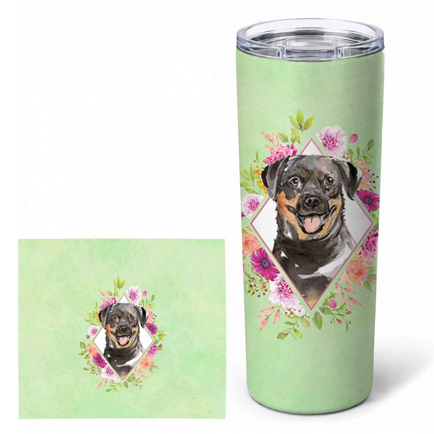 Rottweiler Green Flowers Stainless Steel Skinny Tumbler 20 oz Vacuum Double Walled Reusable Insulated Travel Cup