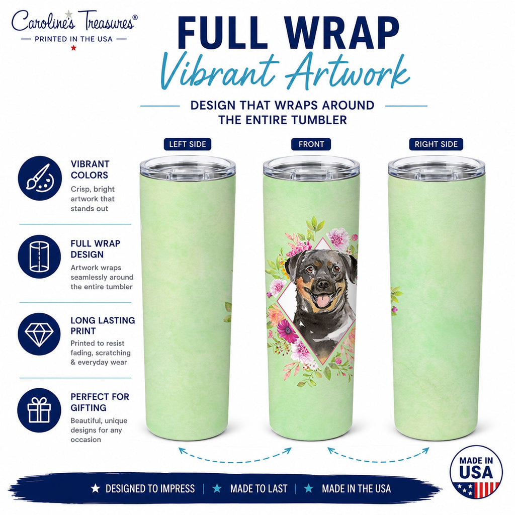 Rottweiler Green Flowers Stainless Steel Skinny Tumbler 20 oz Vacuum Double Walled Reusable Insulated Travel Cup