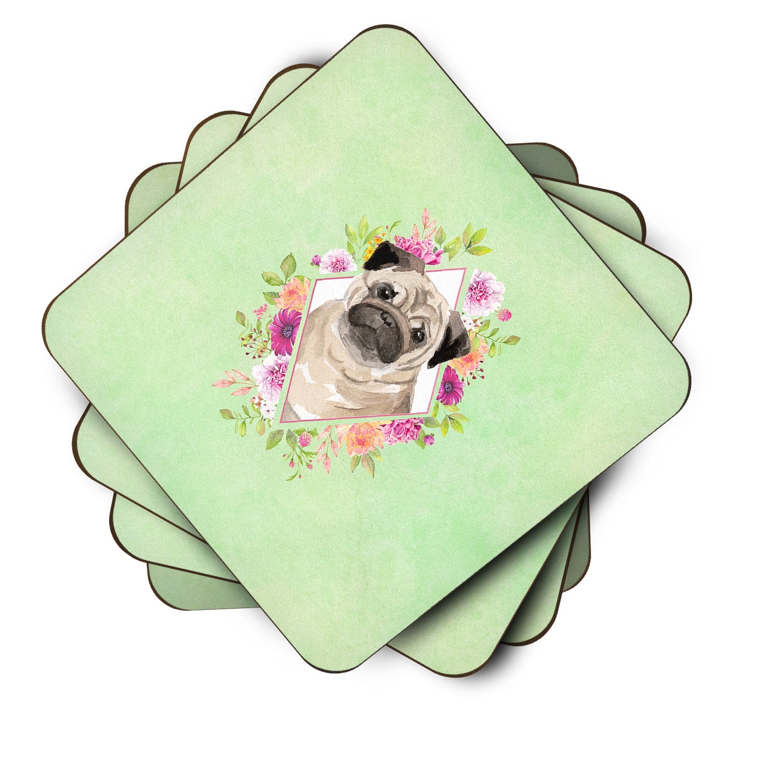 Fawn Pug Green Flowers Foam Coasters Set of 4 Cup Coasters for Indoor Outdoor, Tabletop Protection, Anti Slip, Mouse pad Material