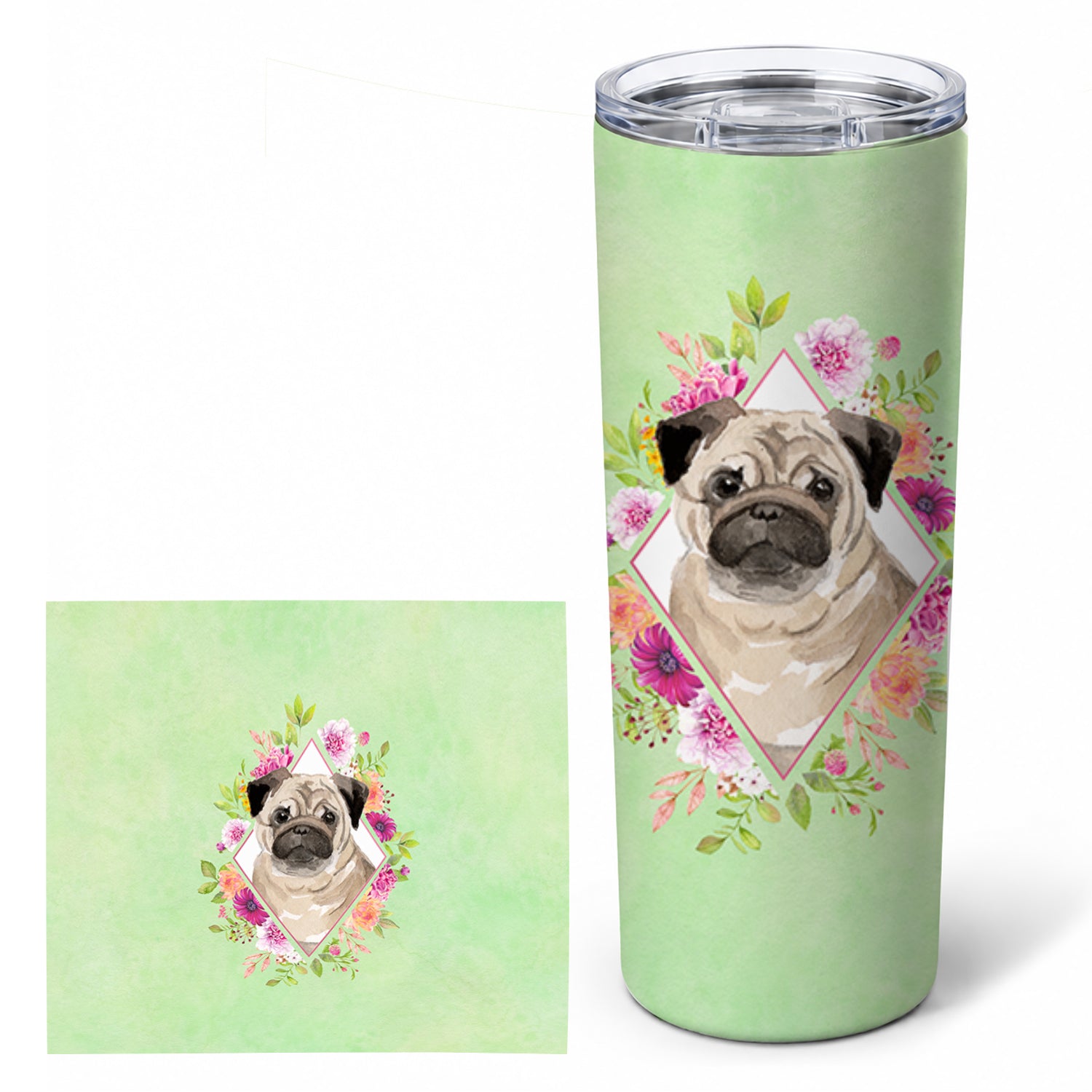 Fawn Pug Green Flowers Stainless Steel Skinny Tumbler 20 oz Vacuum Double Walled Reusable Insulated Travel Cup
