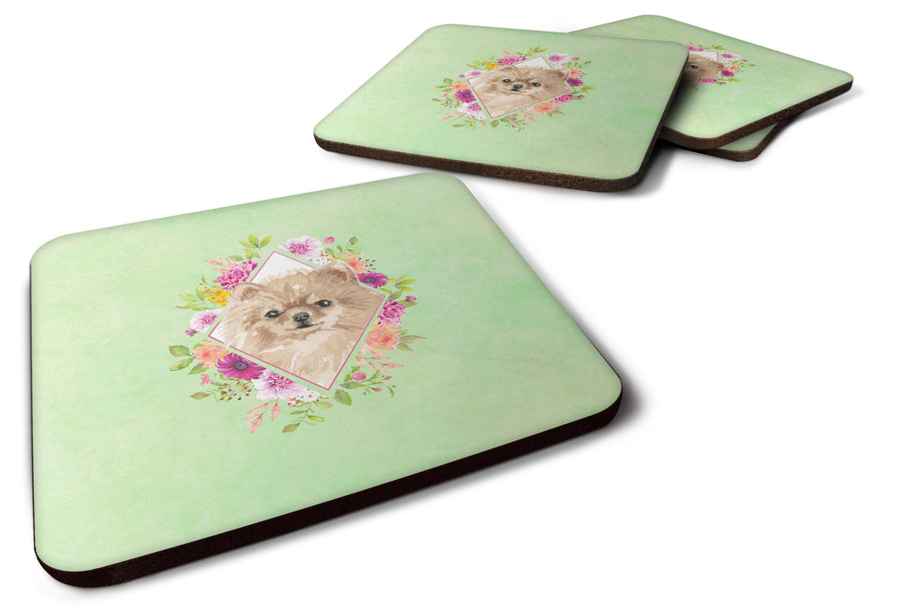 Pomeranian Green Flowers Foam Coasters Set of 4 Cup Coasters for Indoor Outdoor, Tabletop Protection, Anti Slip, Mouse pad Material