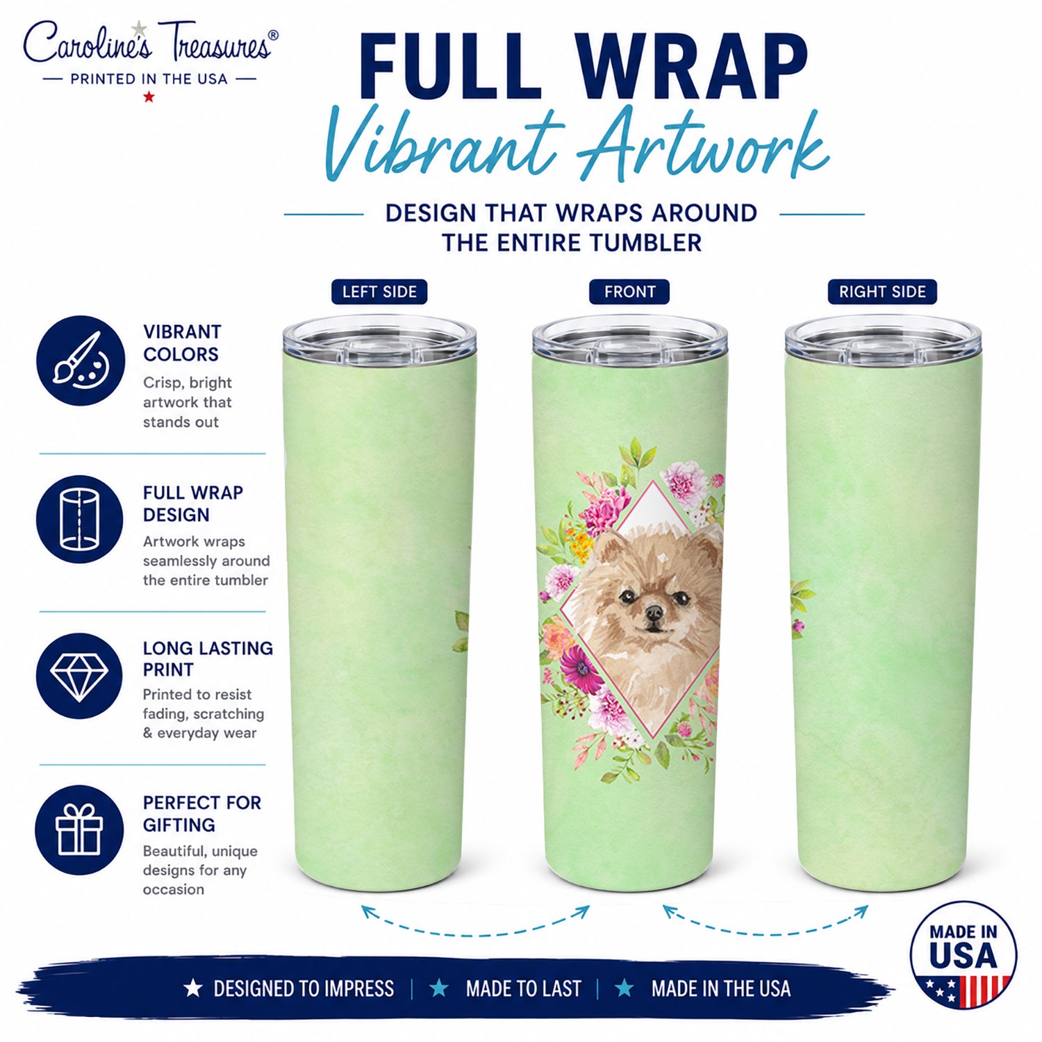 Pomeranian Green Flowers Stainless Steel Skinny Tumbler 20 oz Vacuum Double Walled Reusable Insulated Travel Cup