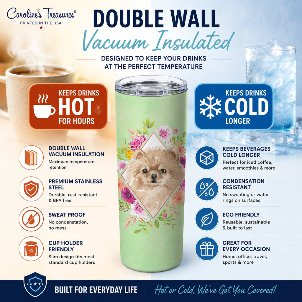 Pomeranian Green Flowers Stainless Steel Skinny Tumbler 20 oz Vacuum Double Walled Reusable Insulated Travel Cup