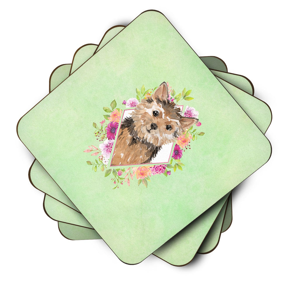 Norwich Terrier Green Flowers Foam Coasters Set of 4 Cup Coasters for Indoor Outdoor, Tabletop Protection, Anti Slip, Mouse pad Material