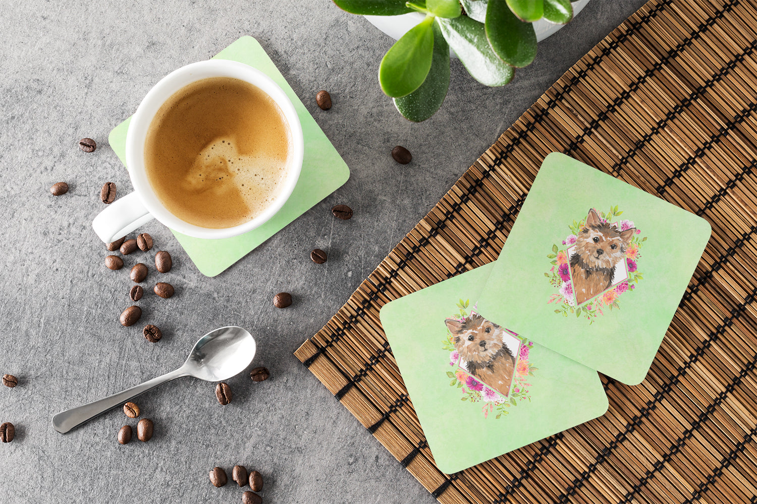 Norwich Terrier Green Flowers Foam Coasters Set of 4 Cup Coasters for Indoor Outdoor, Tabletop Protection, Anti Slip, Mouse pad Material