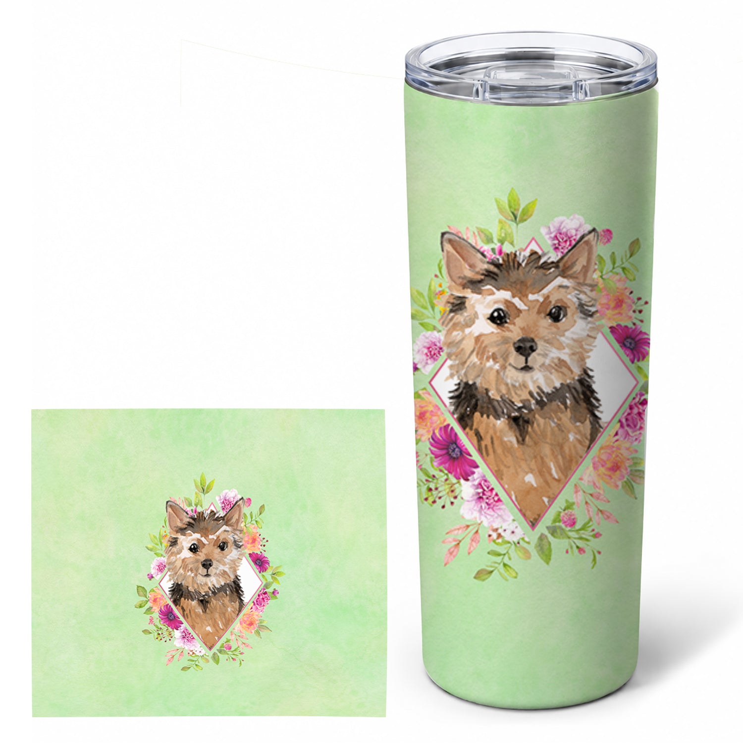 Norwich Terrier Green Flowers Stainless Steel Skinny Tumbler 20 oz Vacuum Double Walled Reusable Insulated Travel Cup
